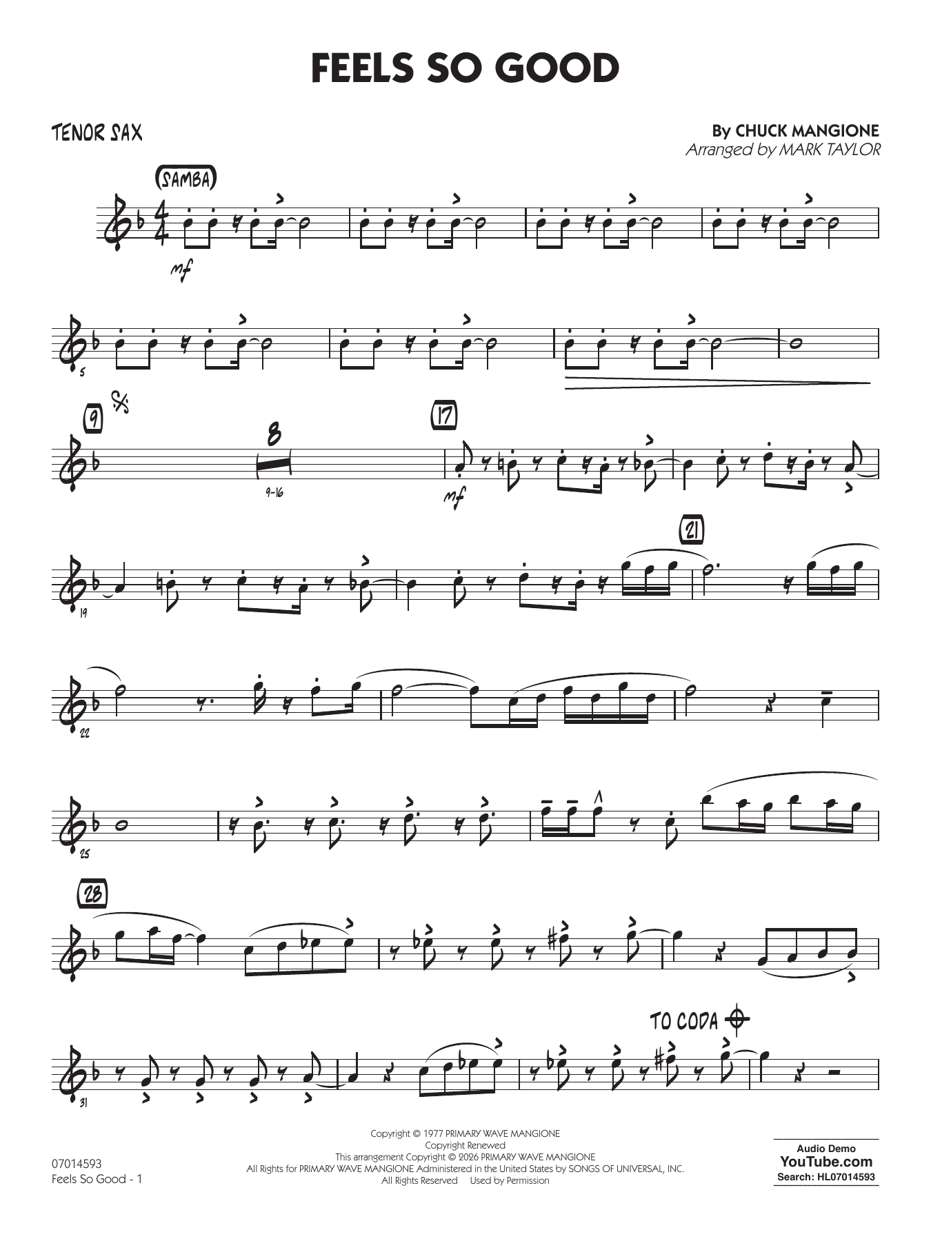Feels So Good (arr. Mark Taylor) - Tenor Sax