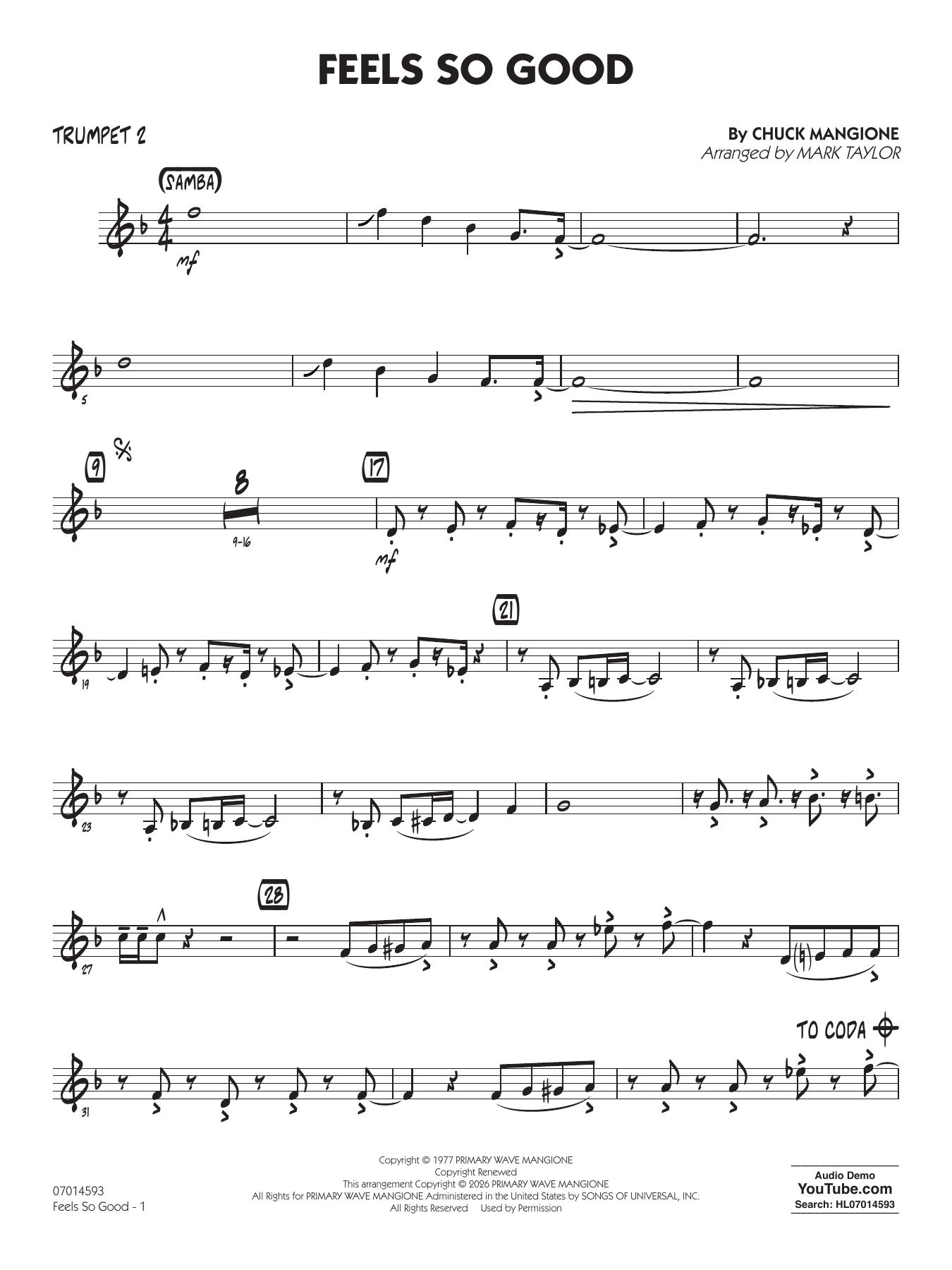 Feels So Good (arr. Mark Taylor) - Trumpet 2