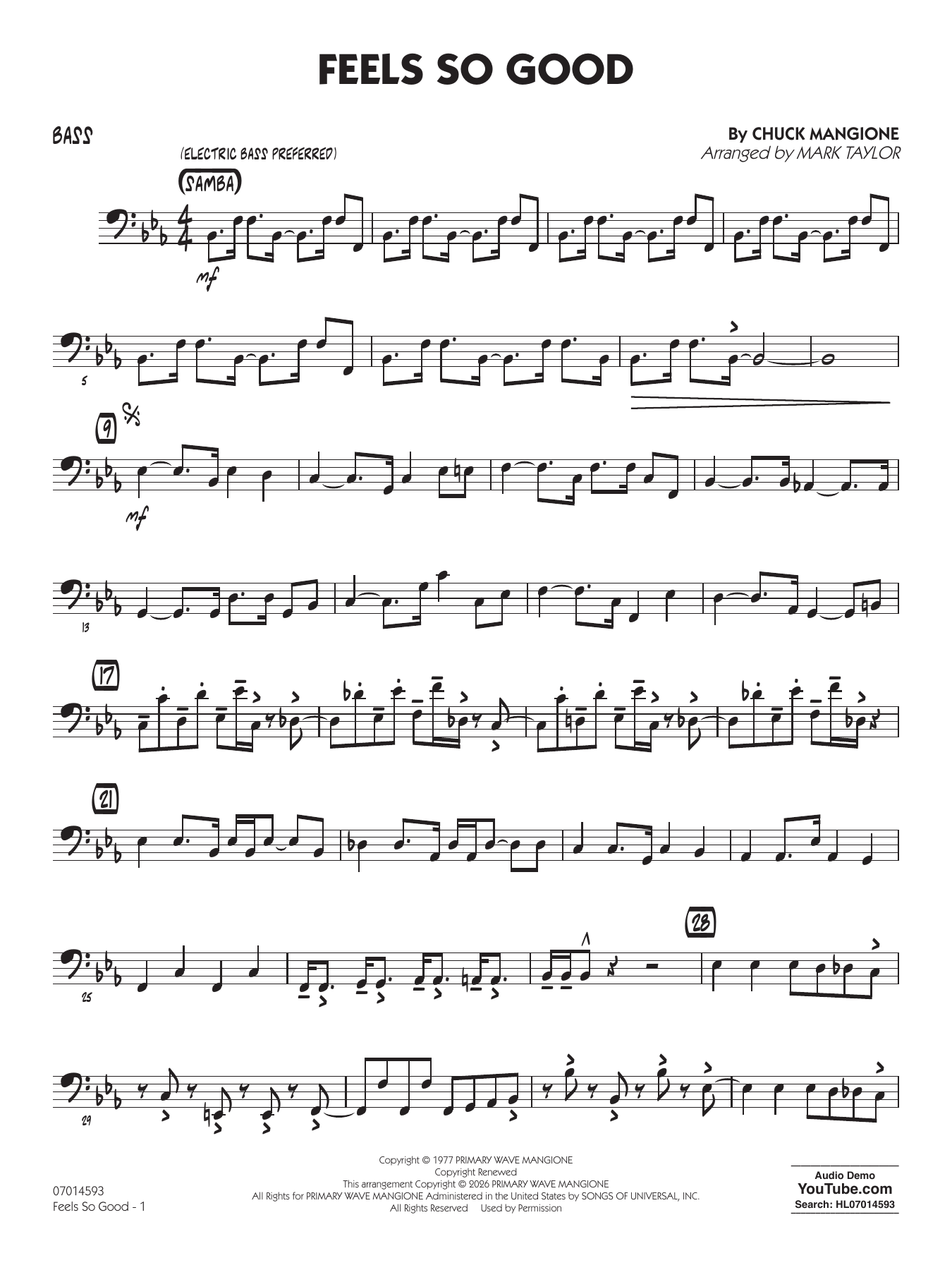 Feels So Good (arr. Mark Taylor) - Bass