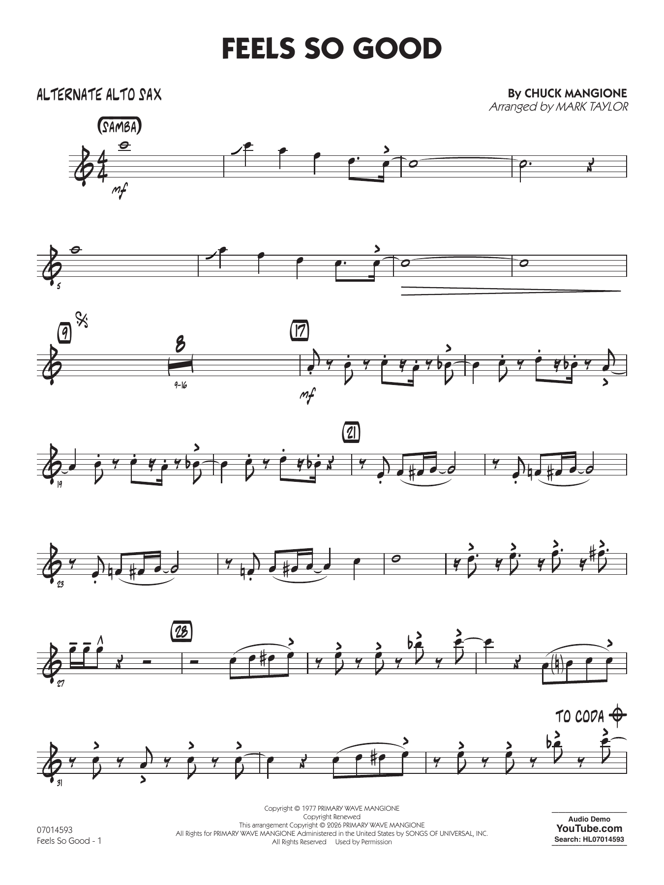 Feels So Good (arr. Mark Taylor) - Alternate Alto Sax