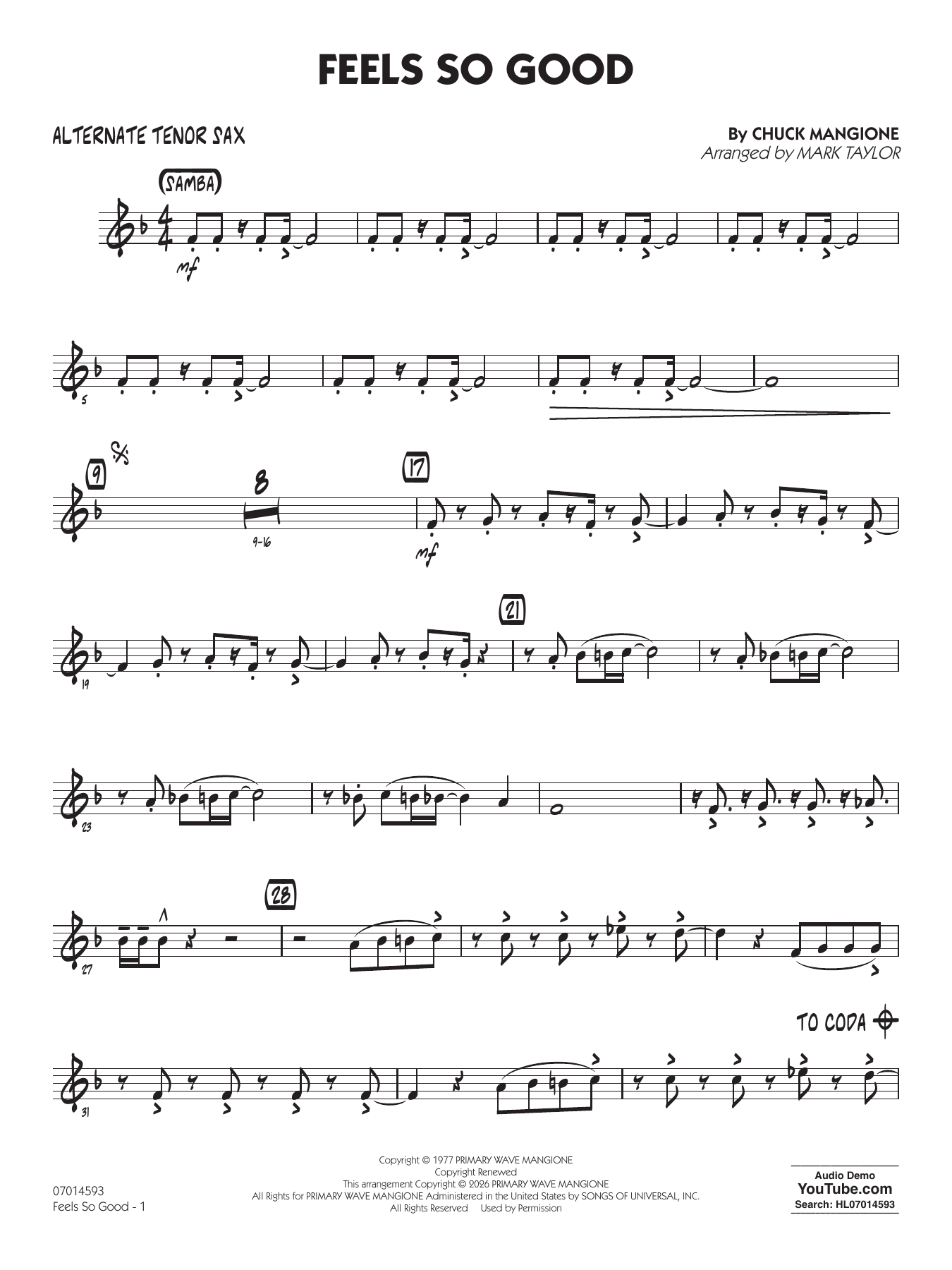 Feels So Good (arr. Mark Taylor) - Alternate Tenor Sax