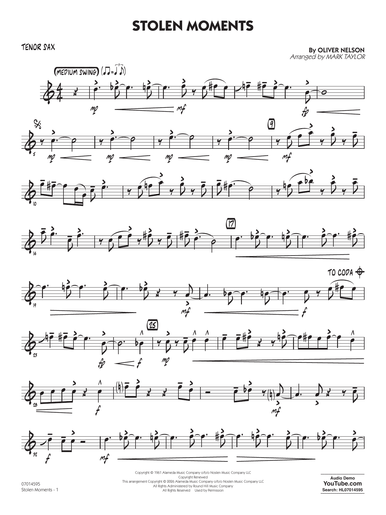 Stolen Moments (arr. Mark Taylor) - Tenor Sax
