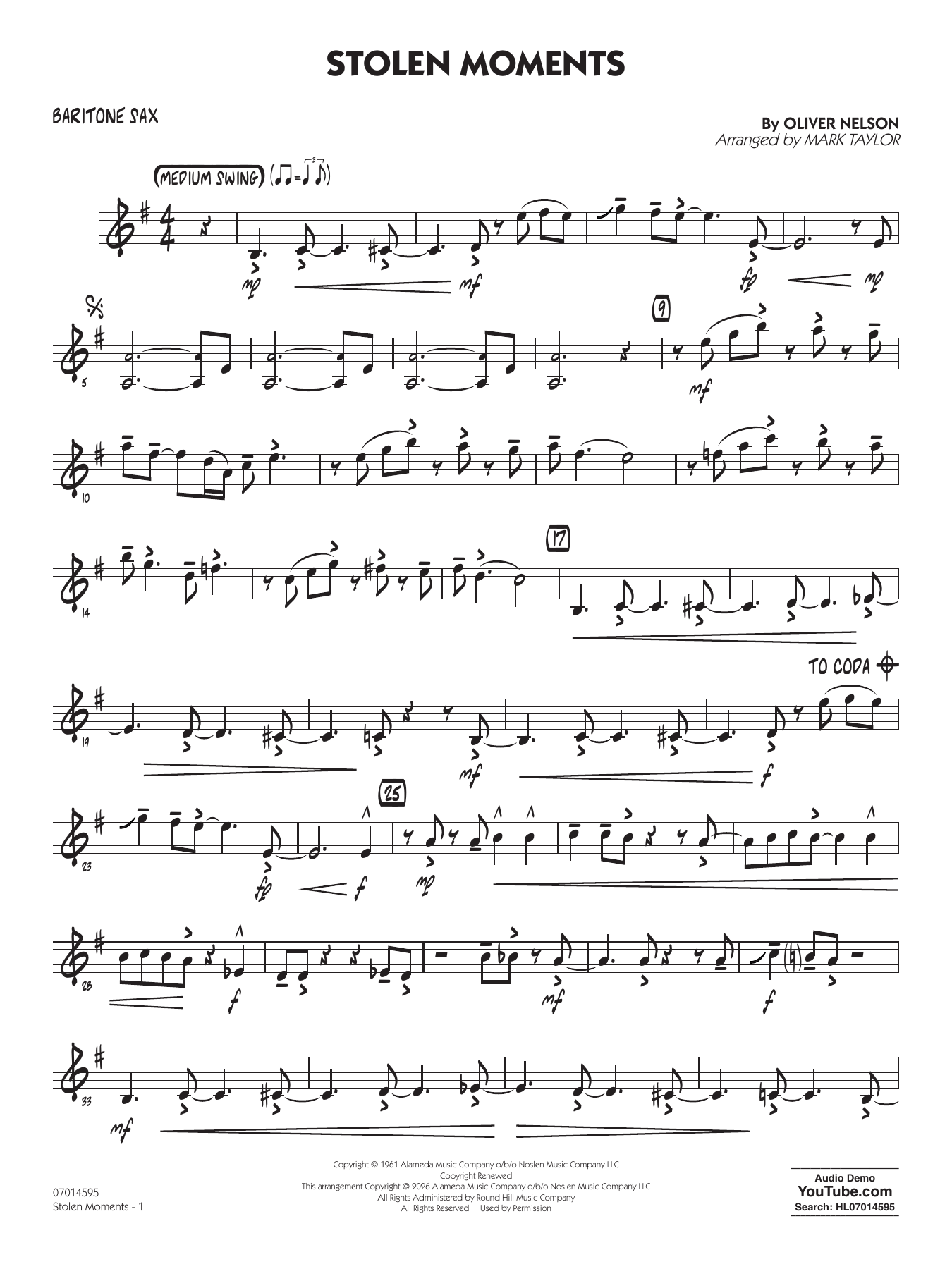 Stolen Moments (arr. Mark Taylor) - Baritone Sax