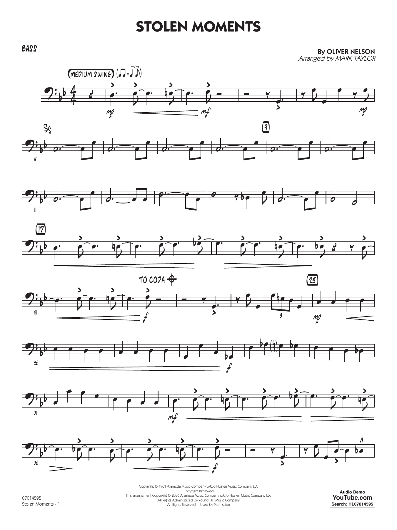 Stolen Moments (arr. Mark Taylor) - Bass