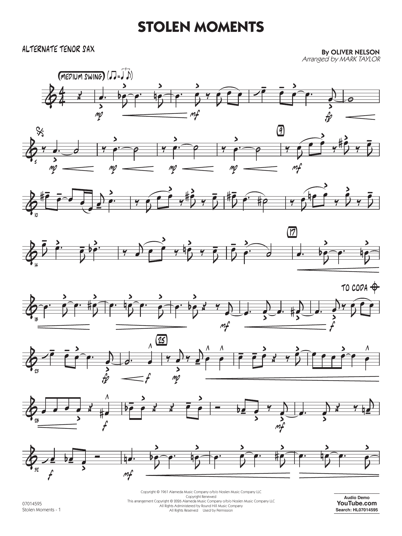 Stolen Moments (arr. Mark Taylor) - Alternate Tenor Sax