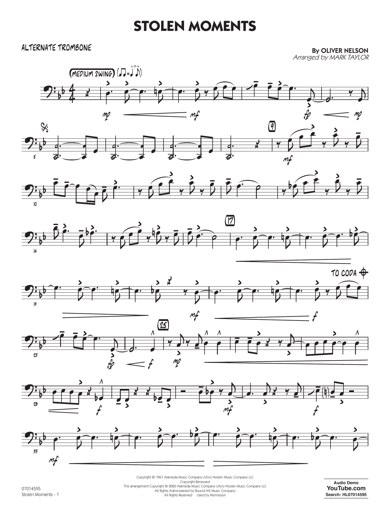 Stolen Moments (arr. Mark Taylor) - Alternate Trombone