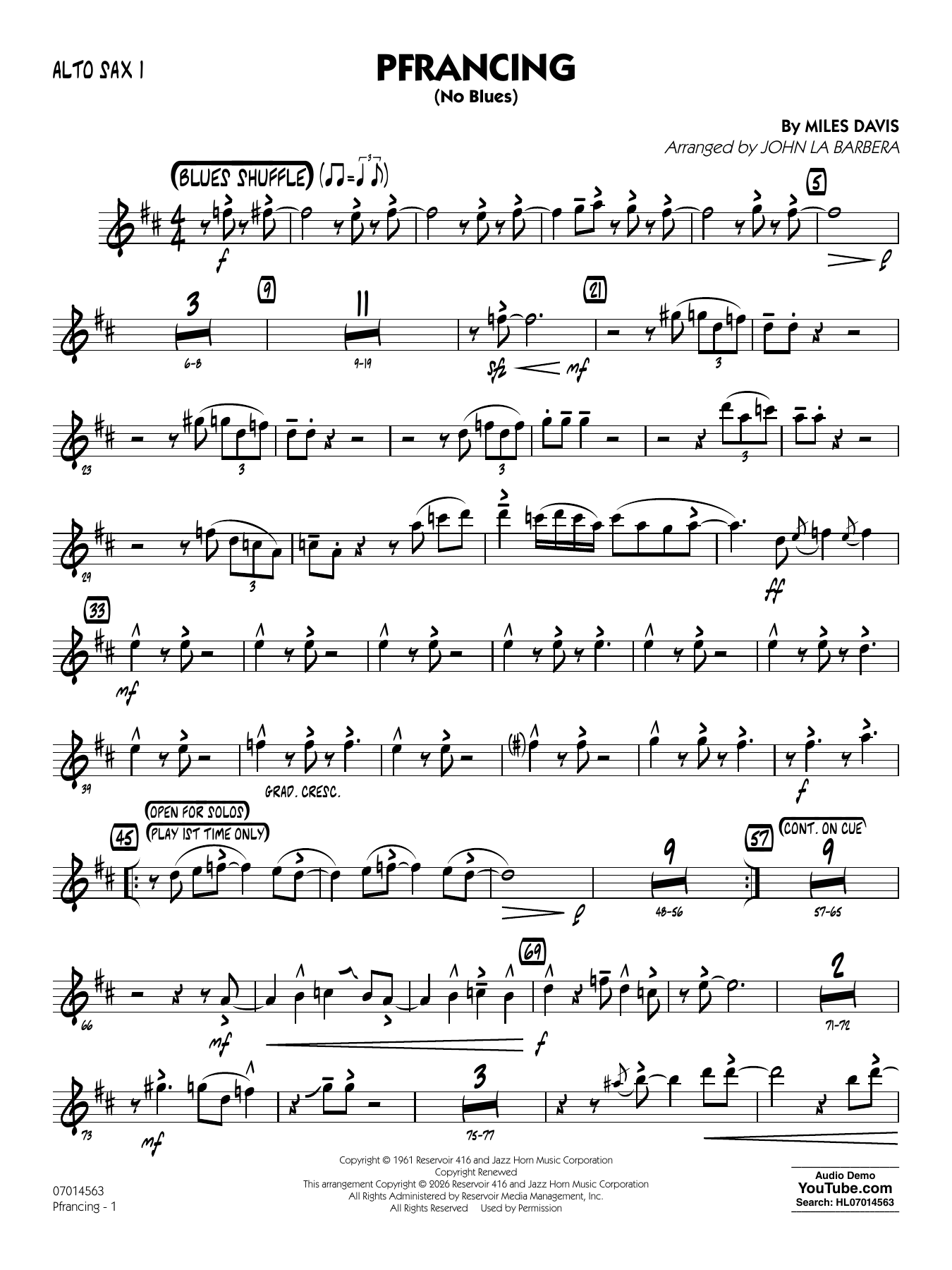 Pfrancing (No Blues) (arr. John La Barbera) - Alto Sax 1