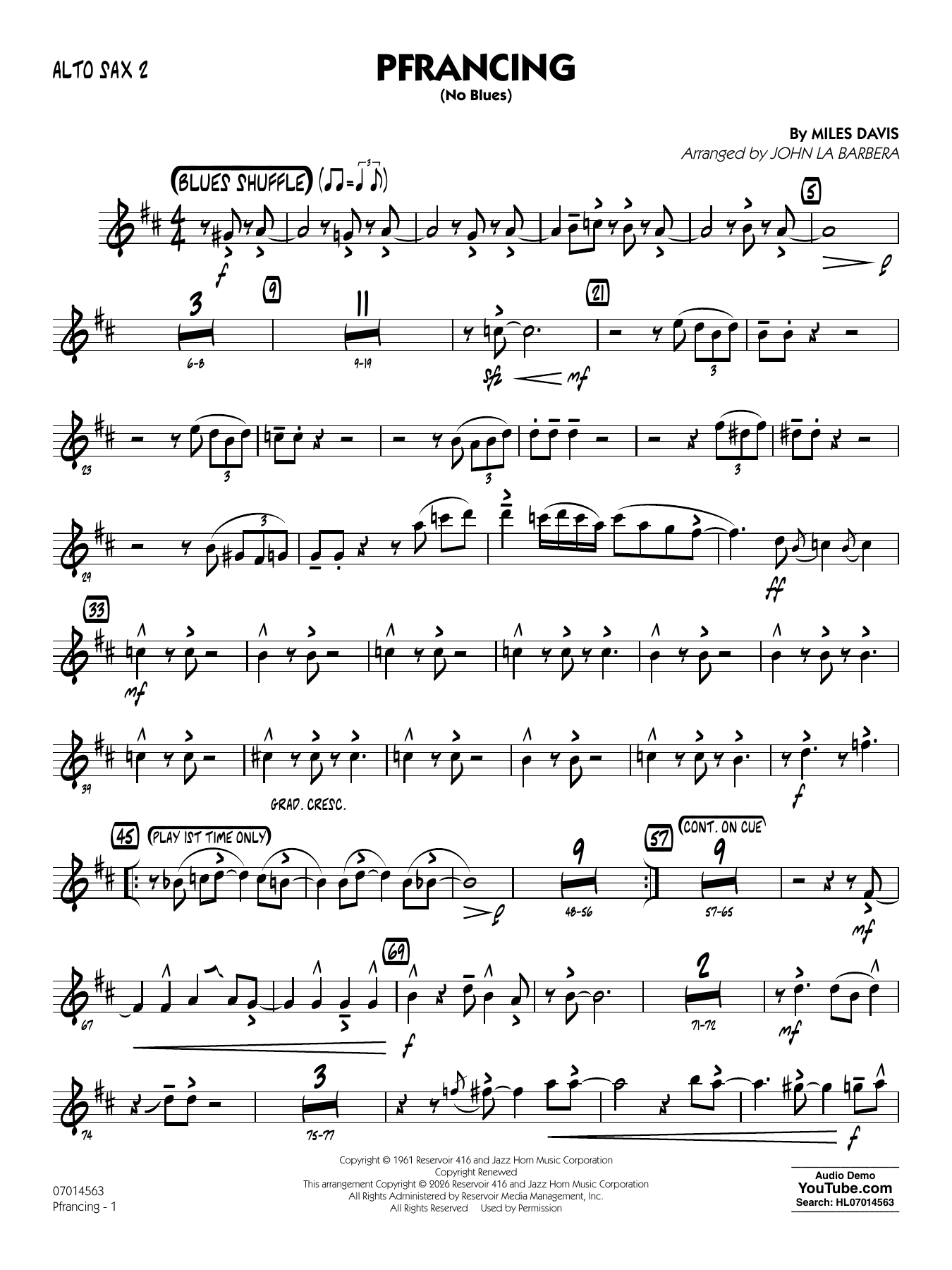 Pfrancing (No Blues) (arr. John La Barbera) - Alto Sax 2
