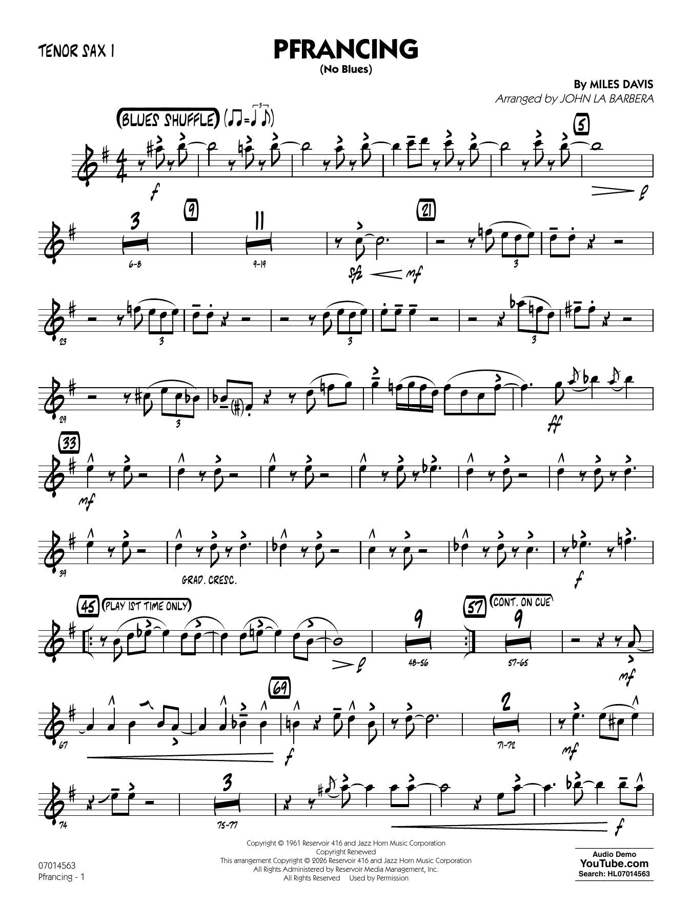 Pfrancing (No Blues) (arr. John La Barbera) - Tenor Sax 1