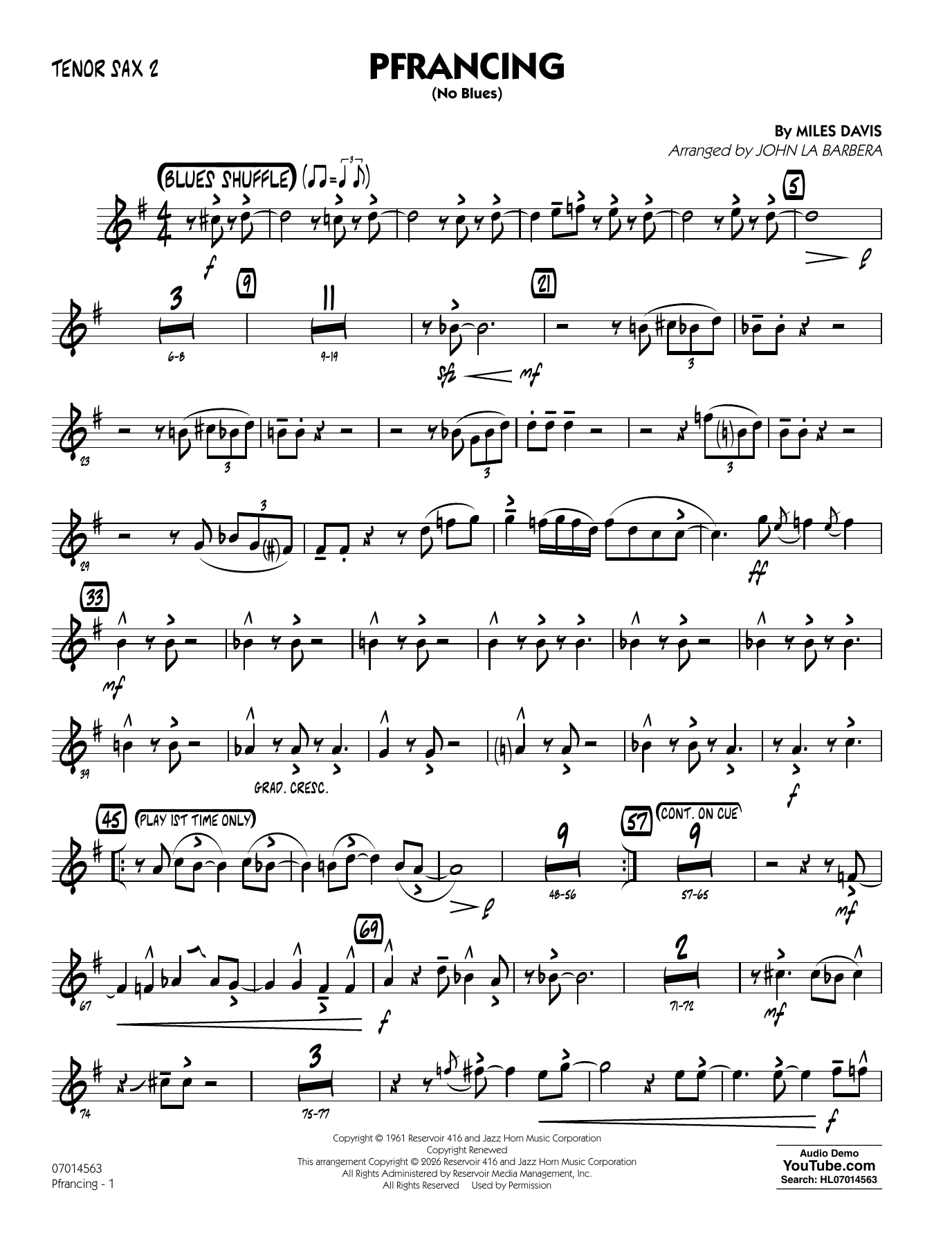 Pfrancing (No Blues) (arr. John La Barbera) - Tenor Sax 2