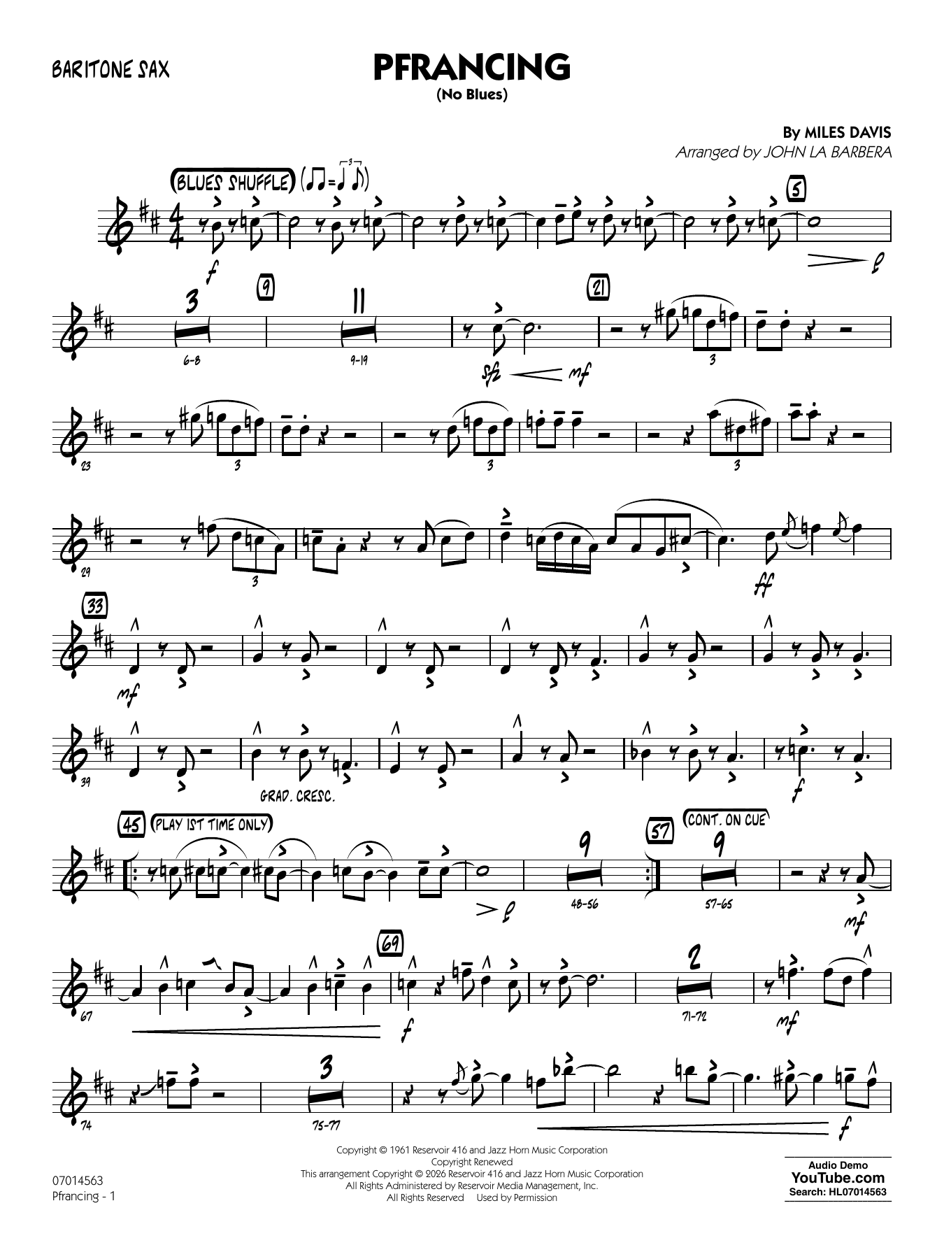 Pfrancing (No Blues) (arr. John La Barbera) - Baritone Sax