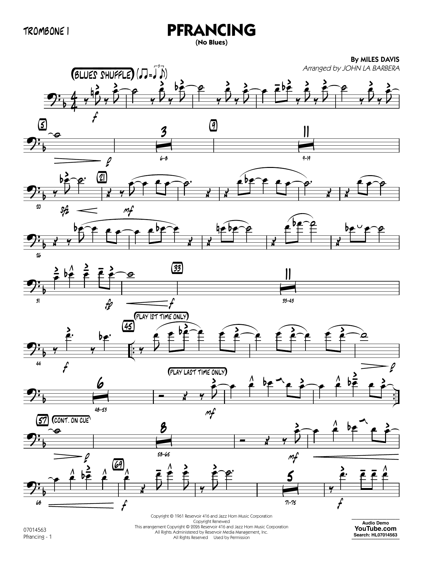 Pfrancing (No Blues) (arr. John La Barbera) - Trombone 1
