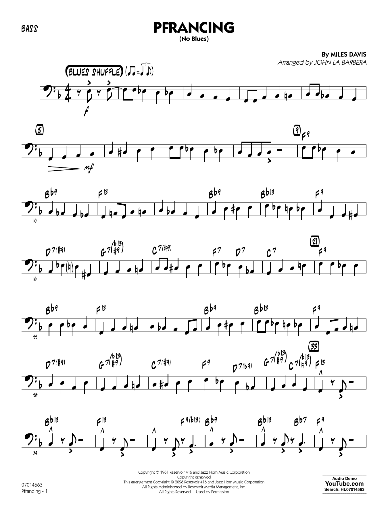 Pfrancing (No Blues) (arr. John La Barbera) - Bass