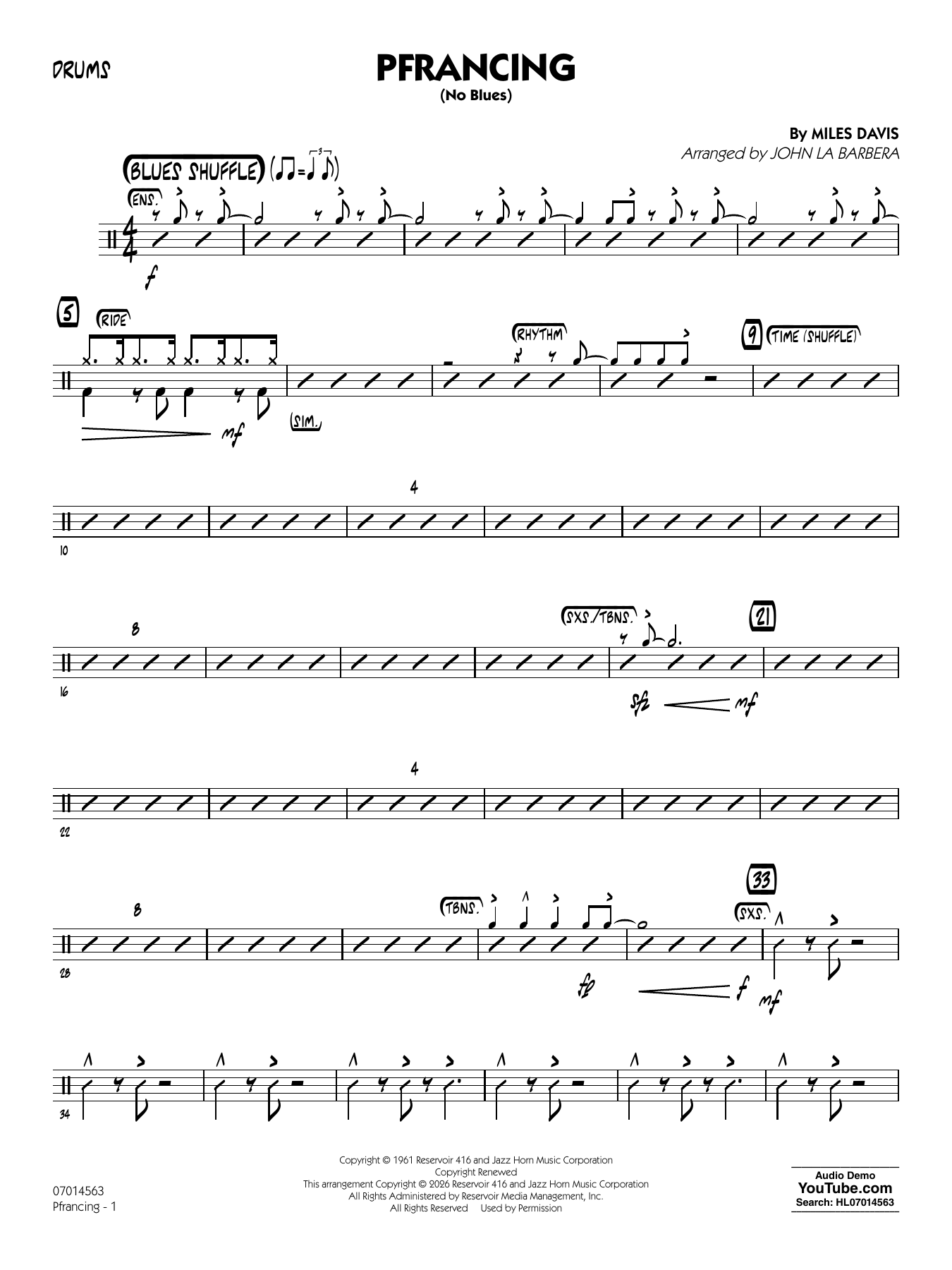 Pfrancing (No Blues) (arr. John La Barbera) - Drums