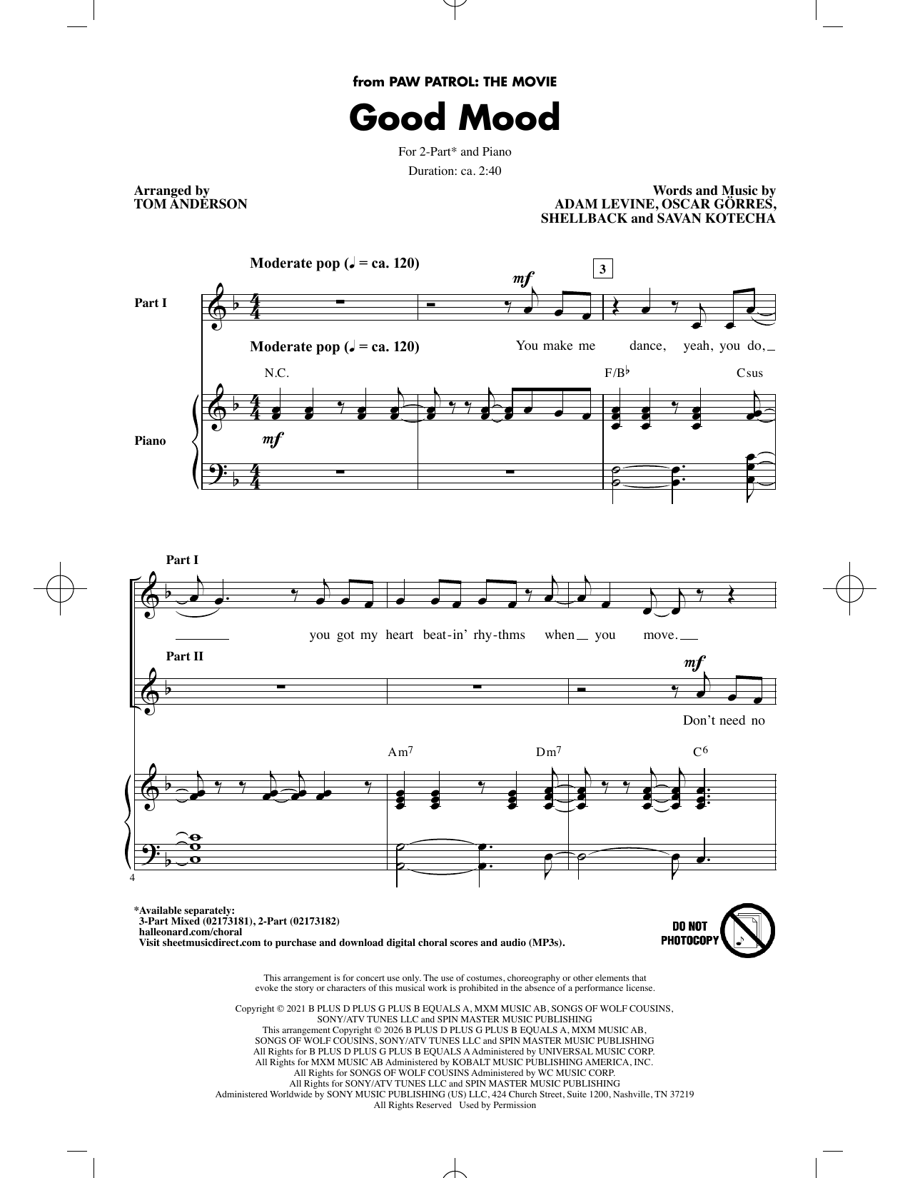 Good Mood (from Paw Patrol: The Movie) – Adam Levine, Savan Kotecha, Shellback, Oscar Gorres – Notenvorschau