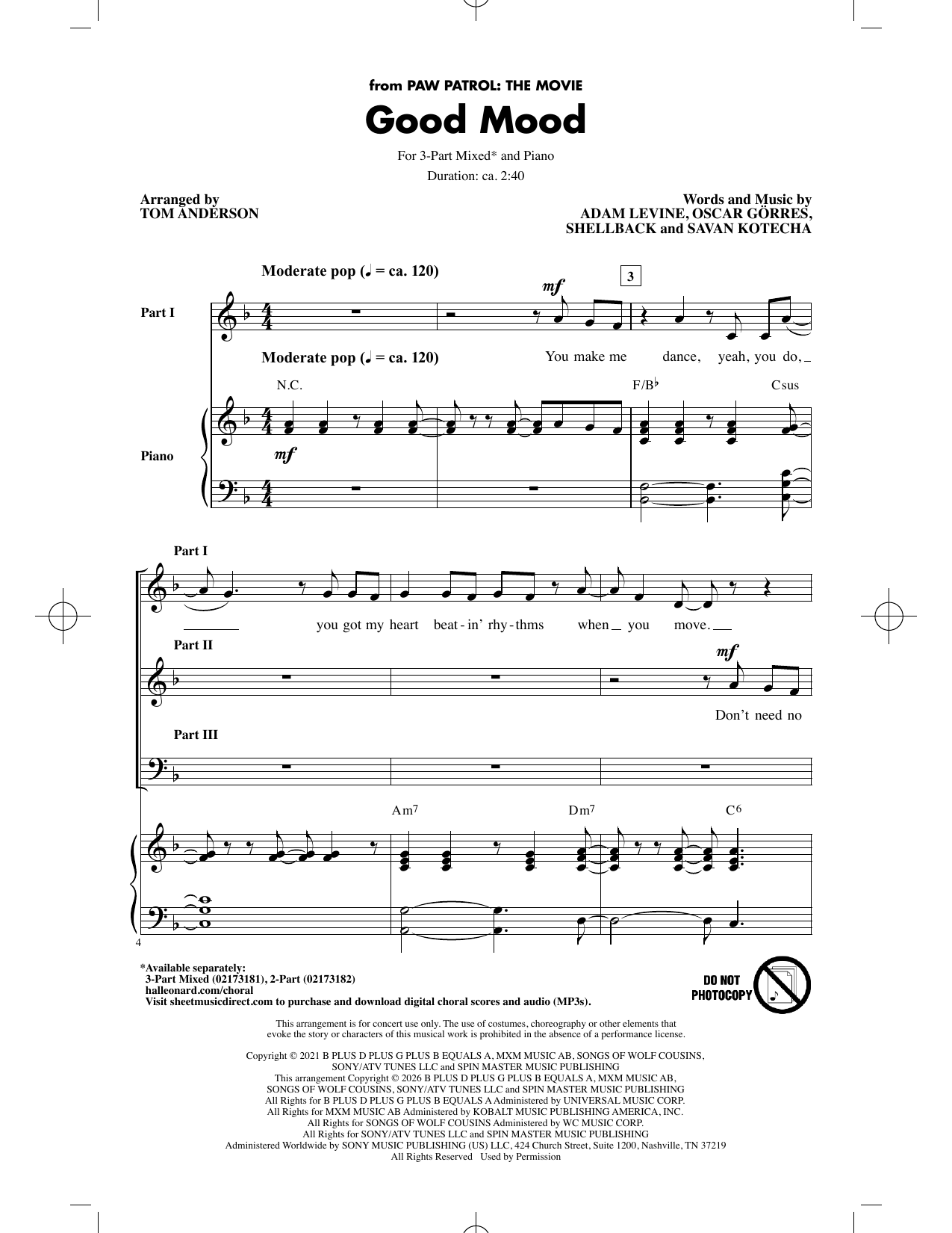 Good Mood (from Paw Patrol: The Movie) – Adam Levine, Savan Kotecha, Shellback, Oscar Gorres – Notenvorschau