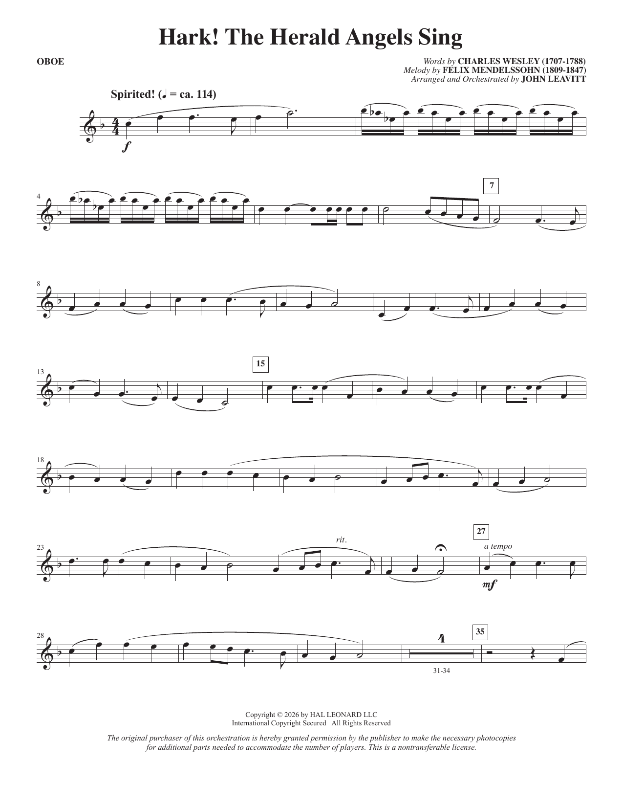 Hark! The Herald Angels Sing (arr. John Leavitt) - Oboe