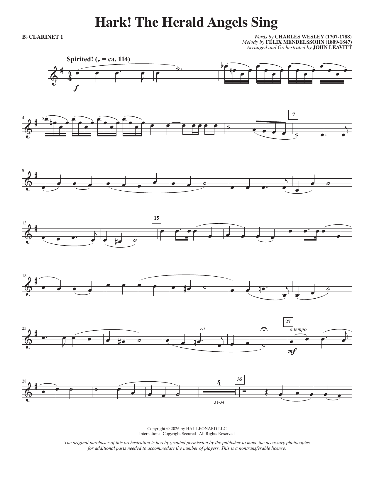 Hark! The Herald Angels Sing (arr. John Leavitt) - Bb Clarinet 1