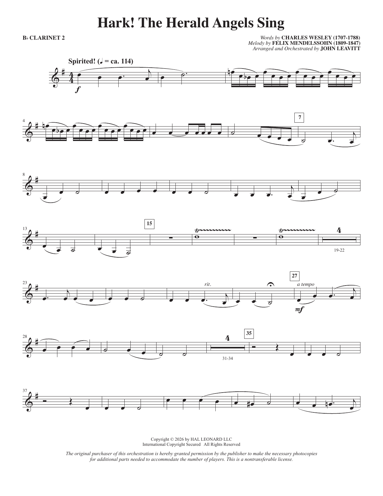 Hark! The Herald Angels Sing (arr. John Leavitt) - Bb Clarinet 2