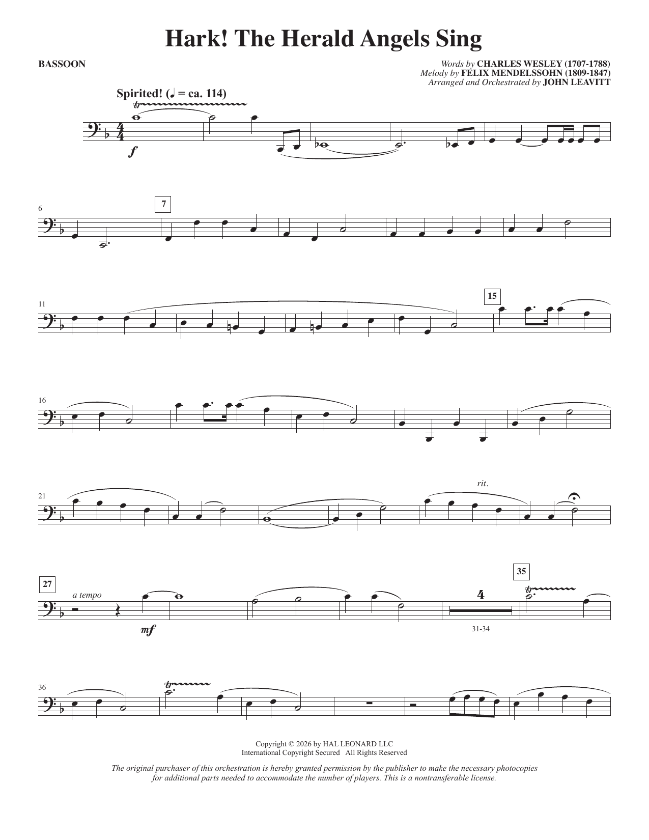 Hark! The Herald Angels Sing (arr. John Leavitt) - Bassoon