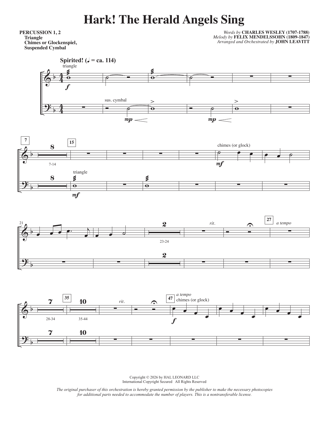 Hark! The Herald Angels Sing (arr. John Leavitt) - Percussion 1 & 2