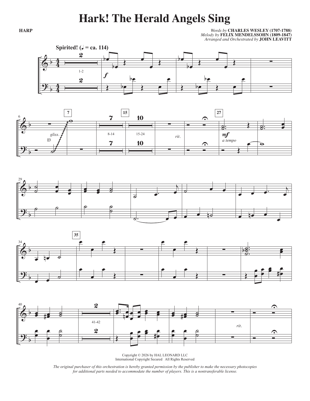Hark! The Herald Angels Sing (arr. John Leavitt) - Harp