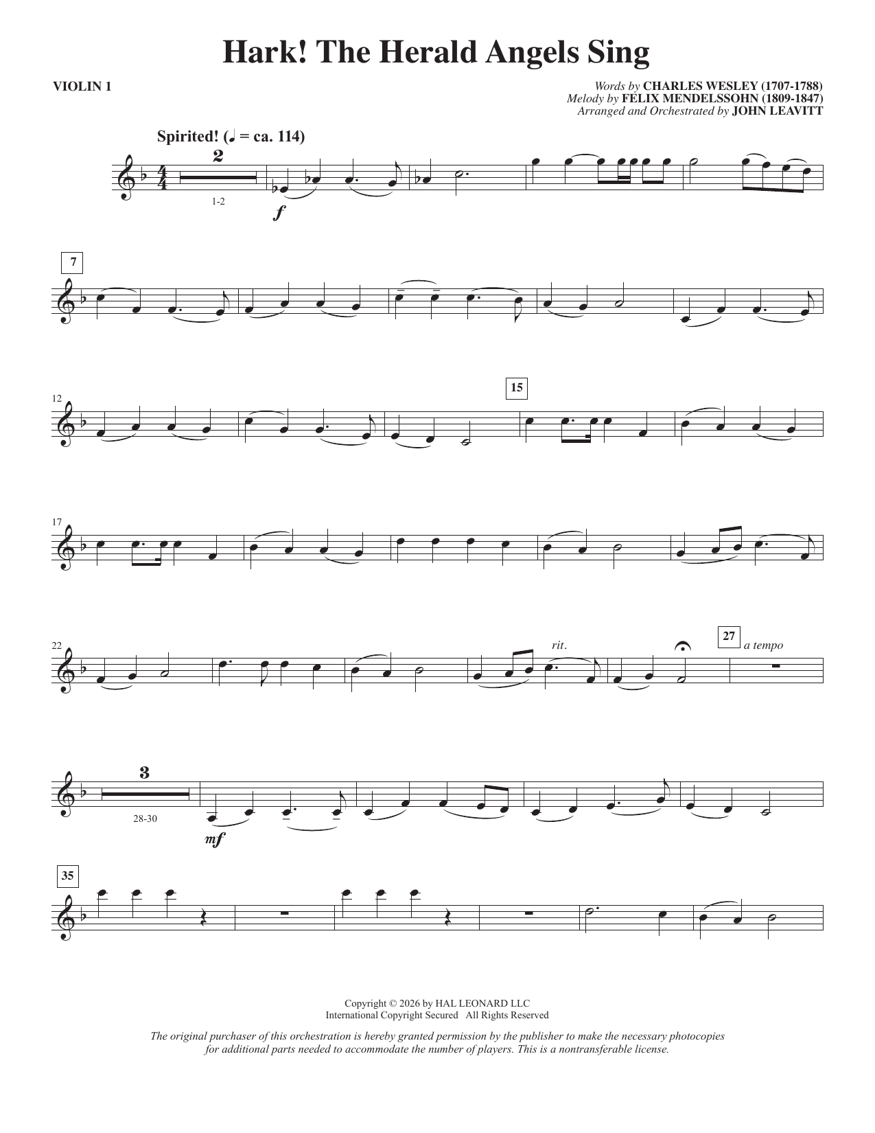 Hark! The Herald Angels Sing (arr. John Leavitt) - Violin 1