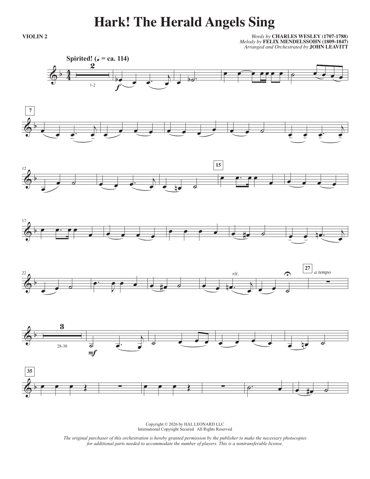 Hark! The Herald Angels Sing (arr. John Leavitt) - Violin 2