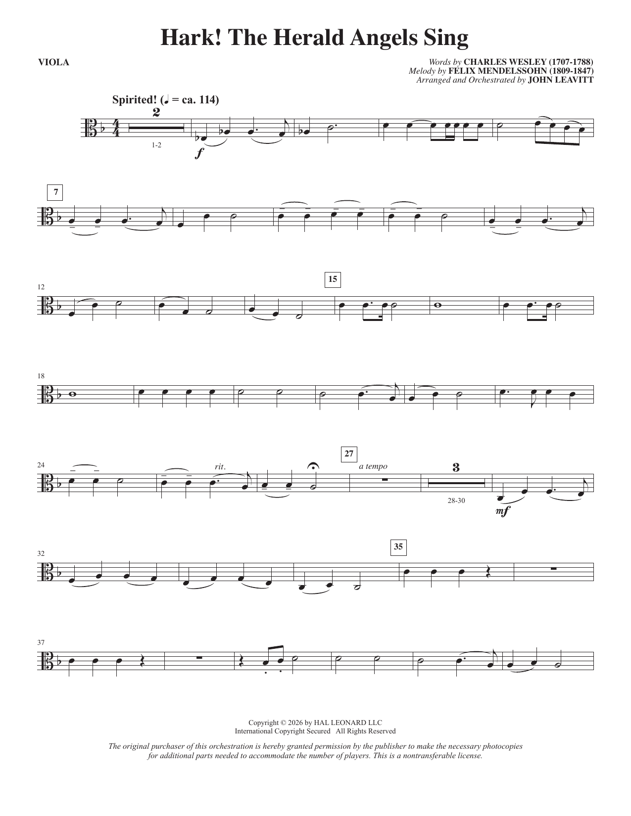 Hark! The Herald Angels Sing (arr. John Leavitt) - Viola