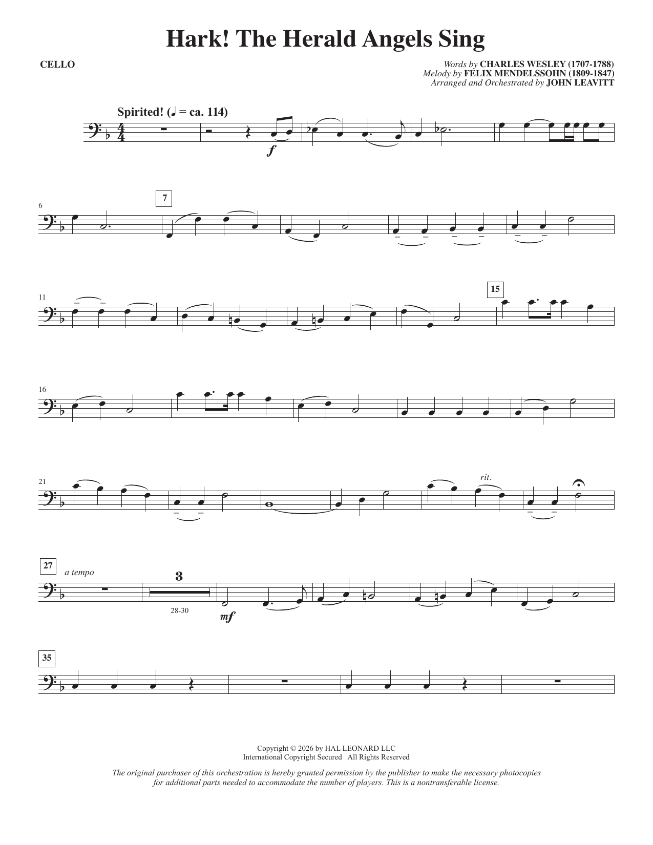 Hark! The Herald Angels Sing (arr. John Leavitt) - Cello