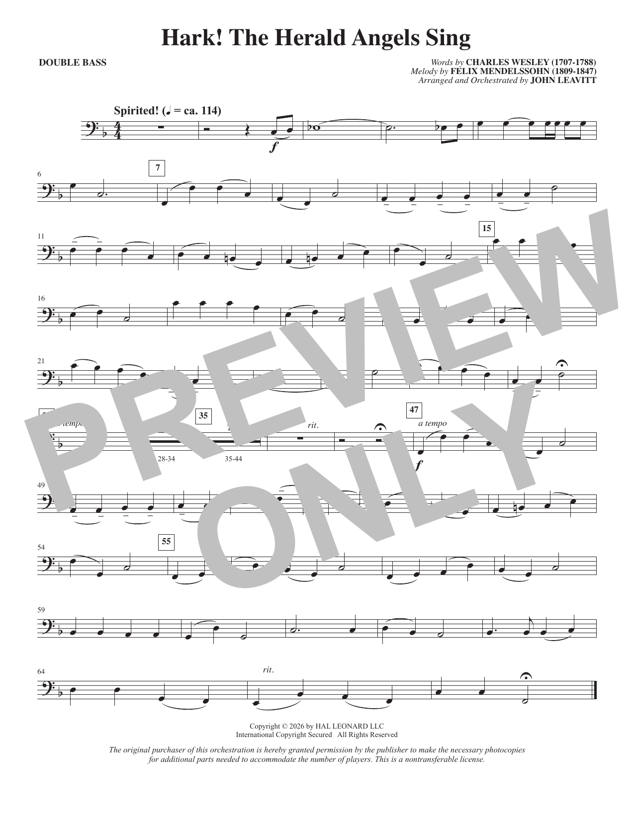 Hark! The Herald Angels Sing (arr. John Leavitt) - Double Bass