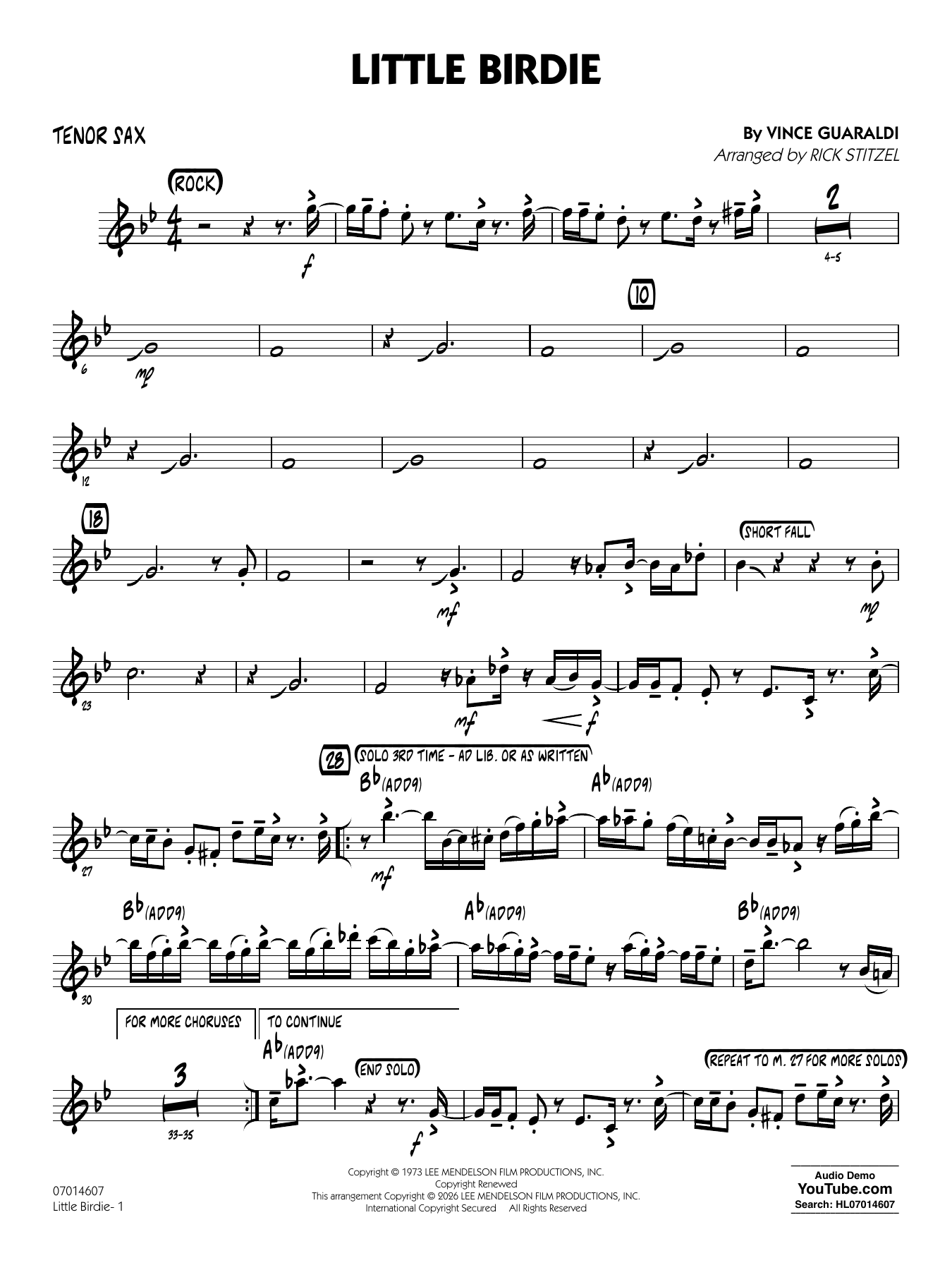 Little Birdie (with Vocal Solo) (arr. Rick Stitzel) - Tenor Sax
