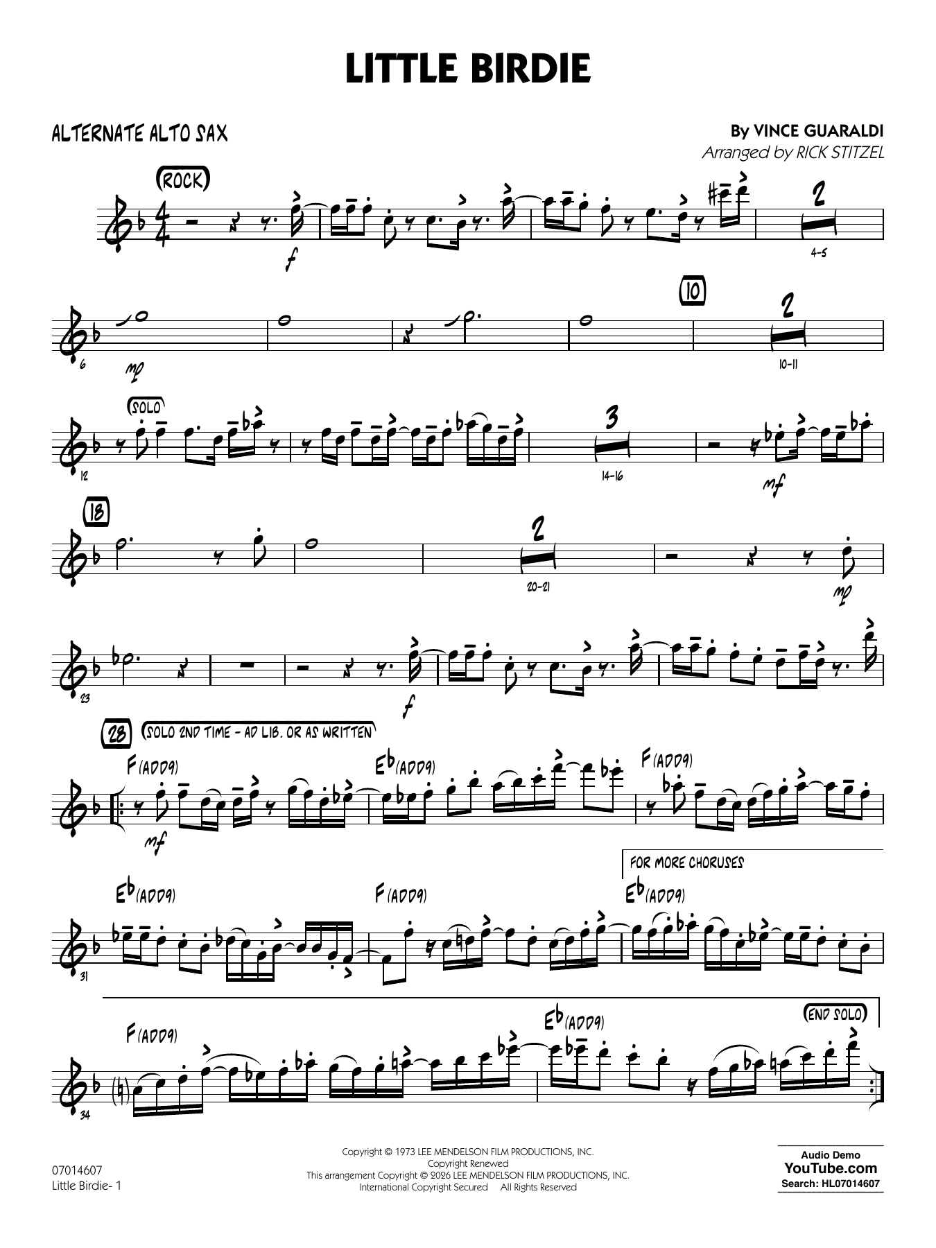 Little Birdie (with Vocal Solo) (arr. Rick Stitzel) - Alternate Alto Sax