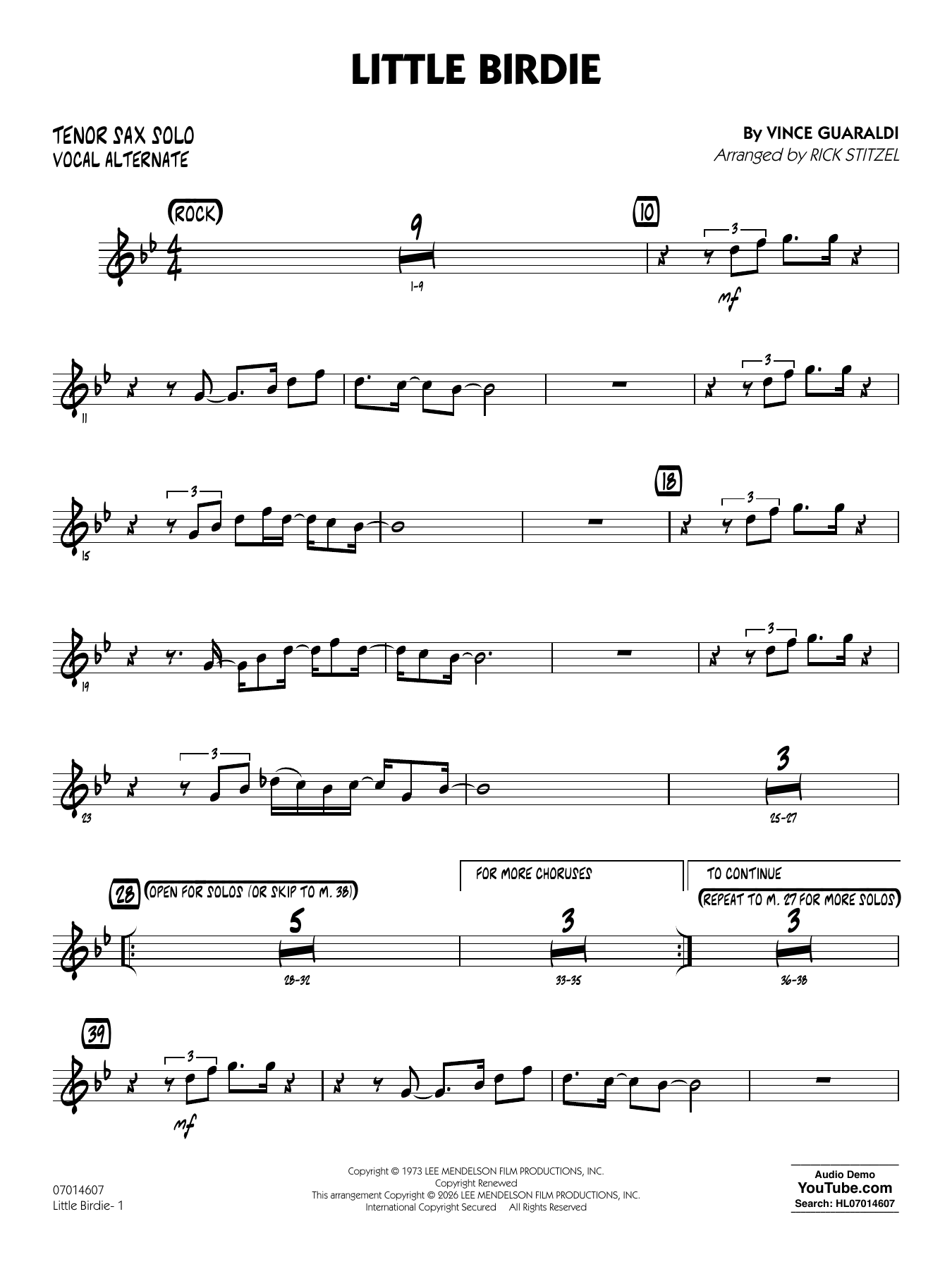 Little Birdie (with Vocal Solo) (arr. Rick Stitzel) - Tenor Sax Solo (Vocal Alt)