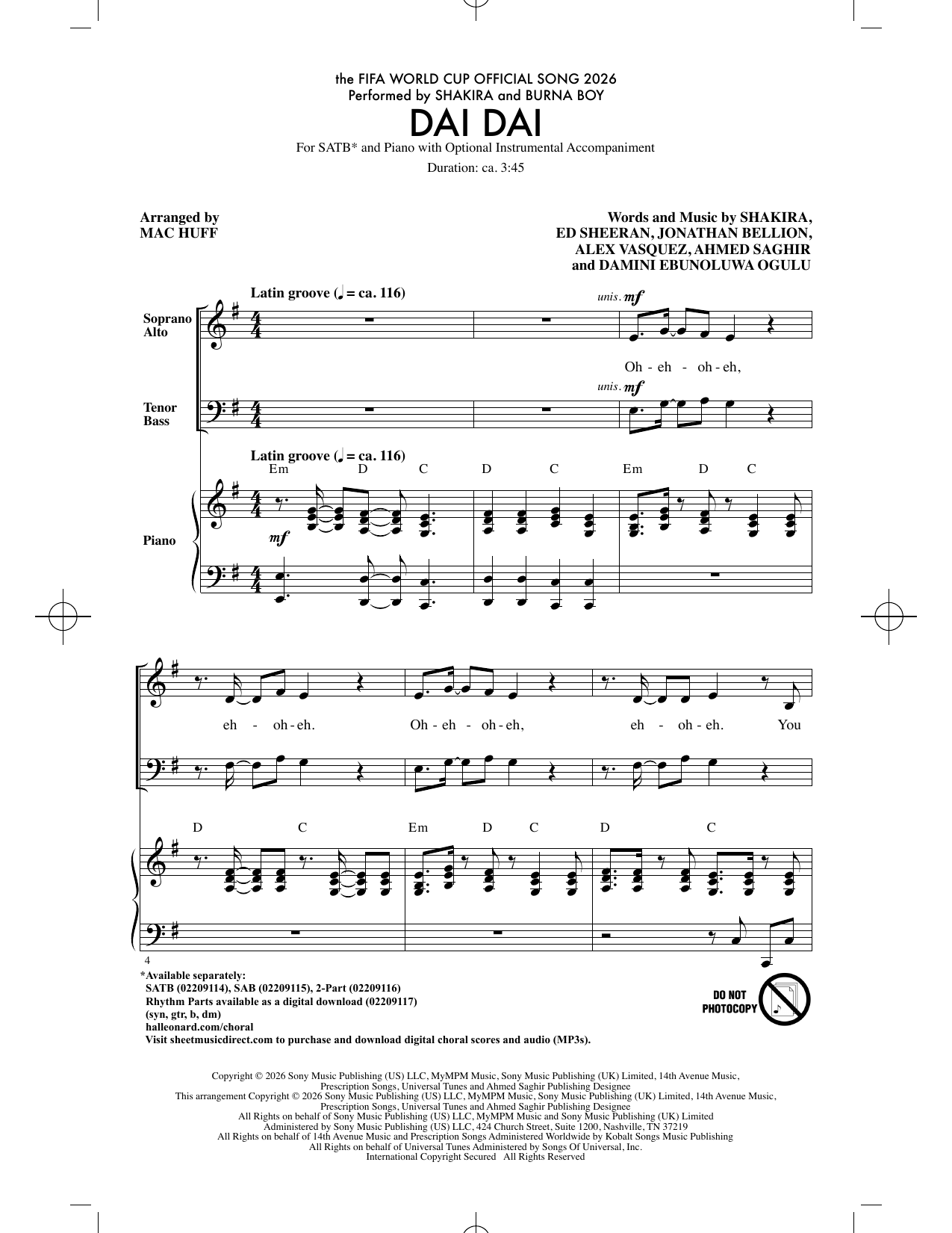 Dai Dai (arr. Mac Huff) – Ahmed Saghir, Alex Vasquez, Damini Ebunoluwa Ogulu, Ed Sheeran, Shakira Mebark, Jonathan David Bellion – Notenvorschau