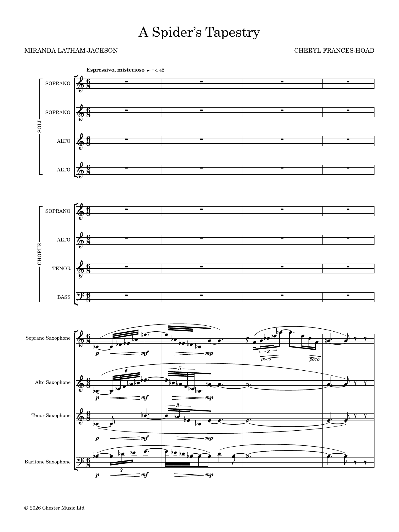 A Spider's Tapestry (SSAA Soli, SATB Choir and Saxophone Quartet) (Score and Parts) – Cheryl Frances-Hoad – Notenvorschau