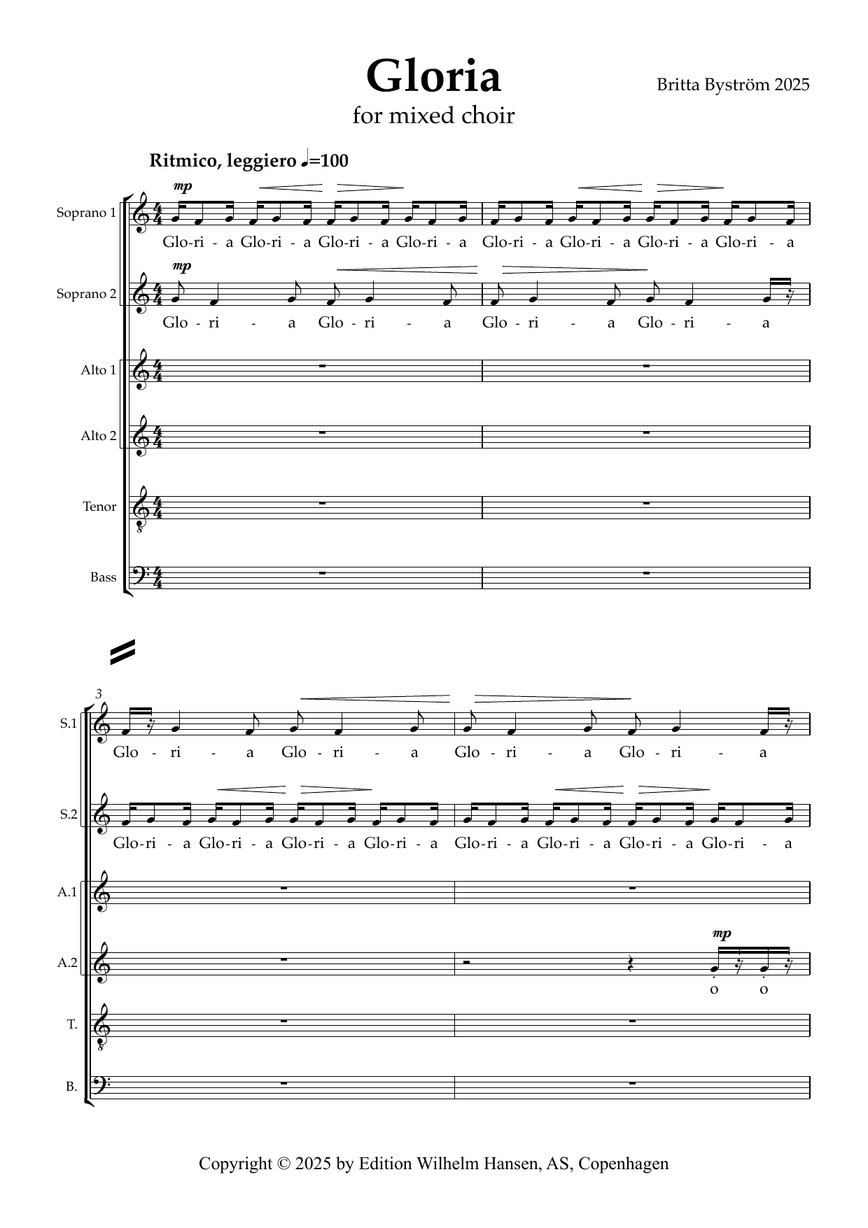 Gloria for Mixed Choir (2025) – Britta Byström – Notenvorschau