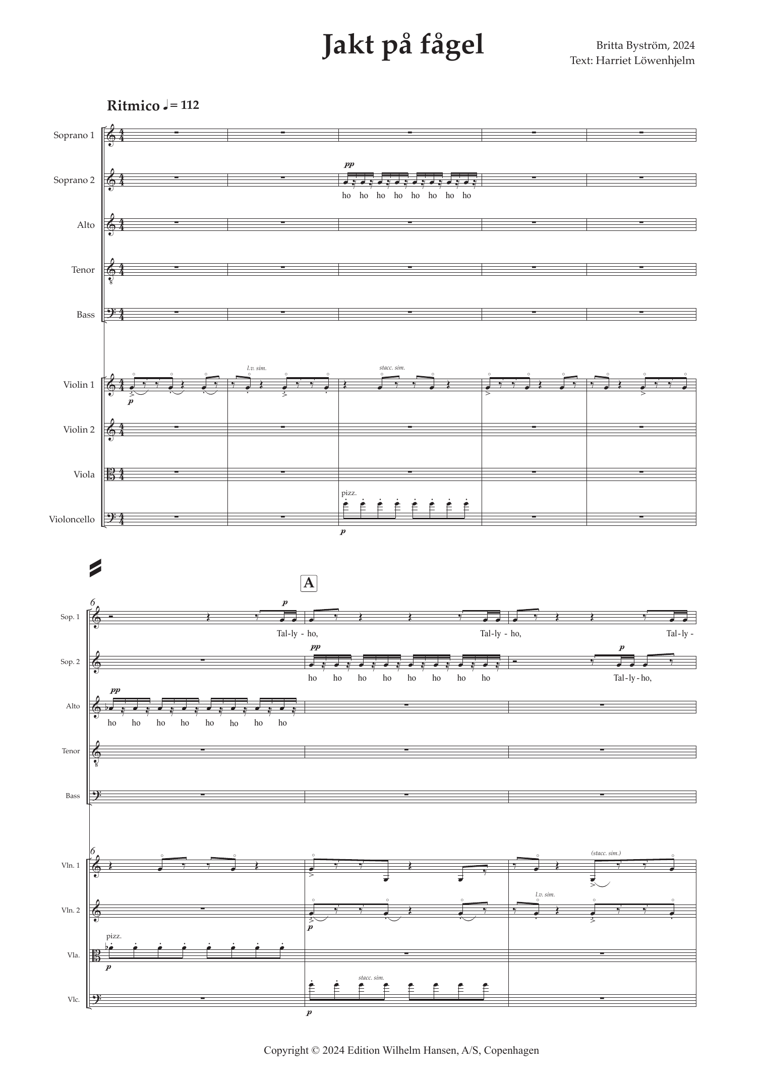 Jakt på fågel for Choir and String Quartet (2024) – Britta Byström – Notenvorschau