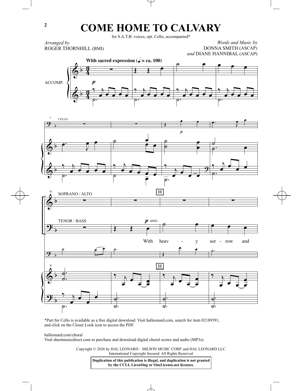 Come Home To Calvary (arr. Roger Thornhill) – Diane Hannibal – Notenvorschau