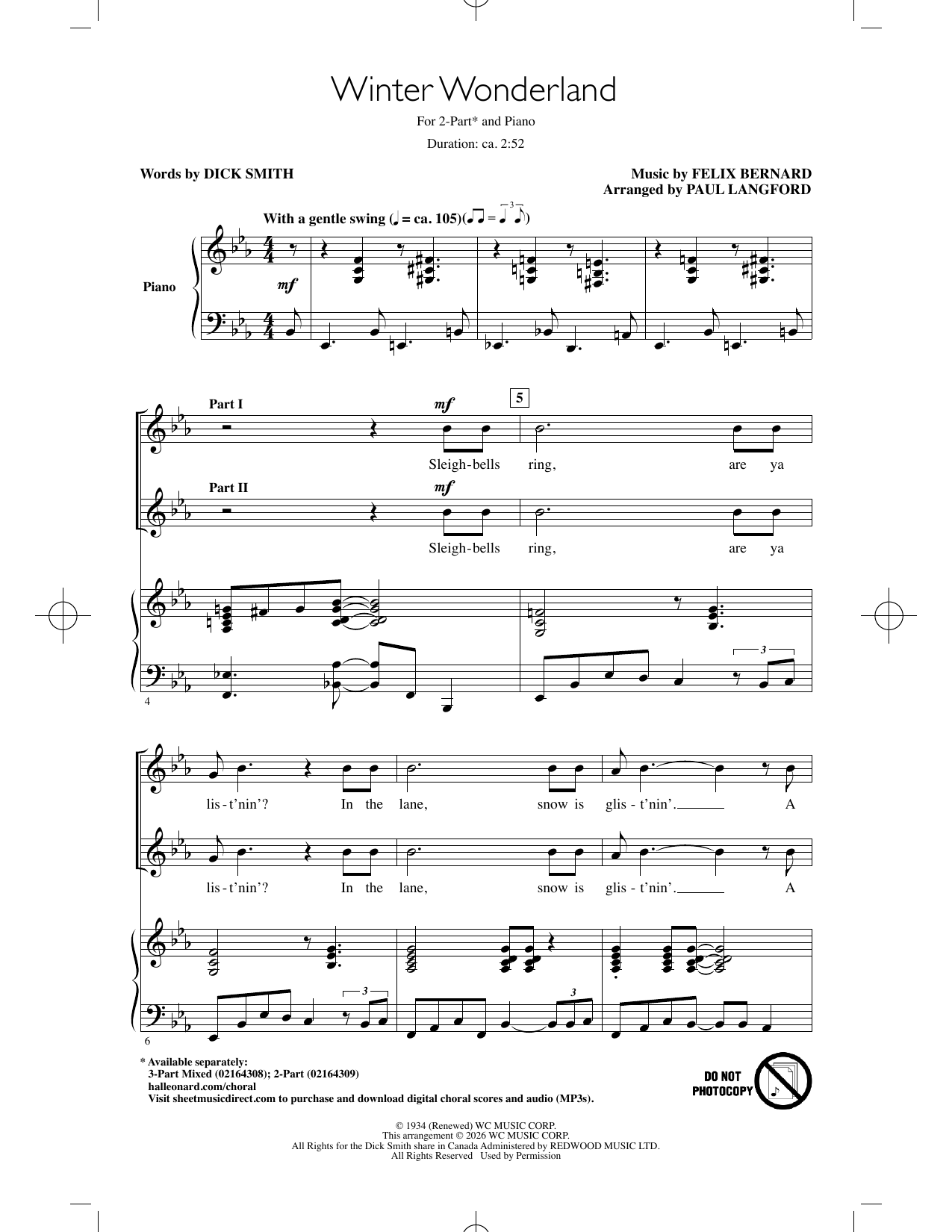 Winter Wonderland (arr. Paul Langford) – Dick Smith, Felix Bernard – Notenvorschau