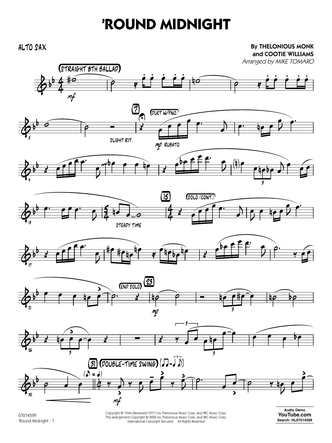'Round Midnight (arr. Mike Tomaro) - Alto Sax