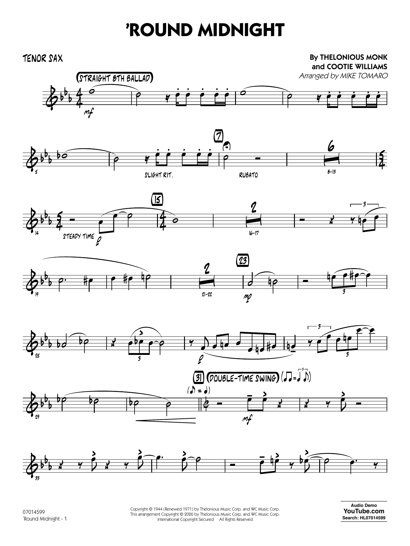 'Round Midnight (arr. Mike Tomaro) - Tenor Sax