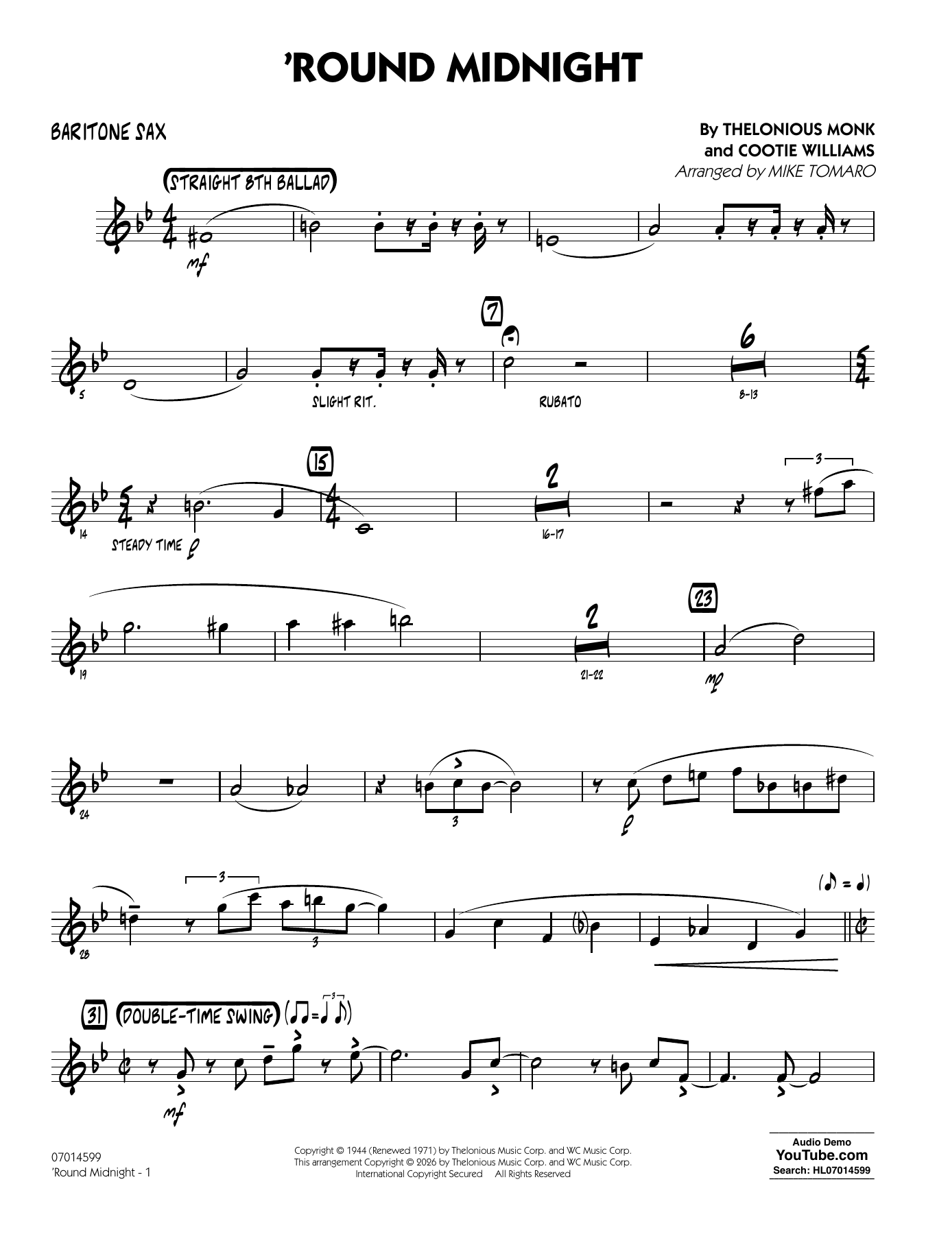 'Round Midnight (arr. Mike Tomaro) - Baritone Sax