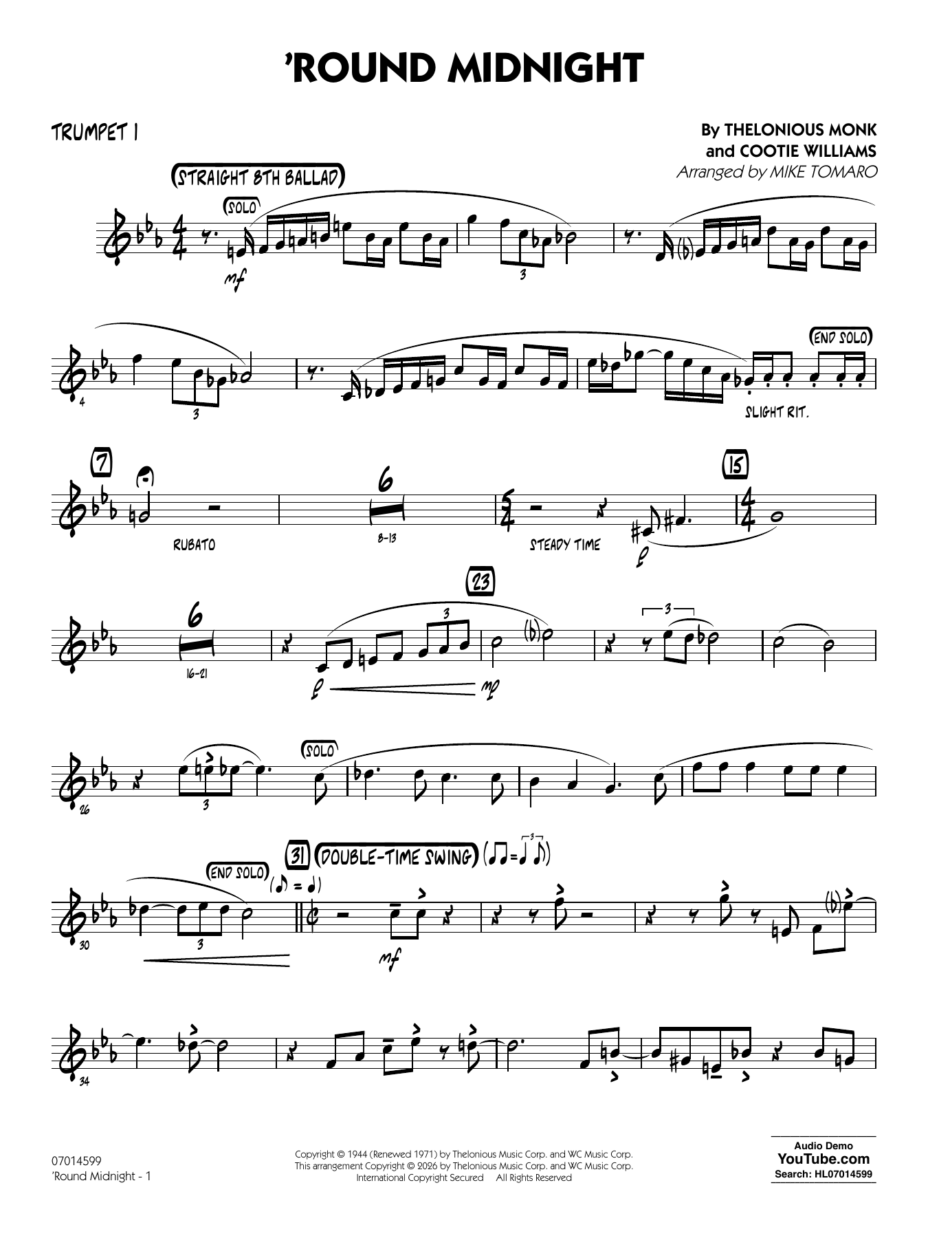 'Round Midnight (arr. Mike Tomaro) - Trumpet 1
