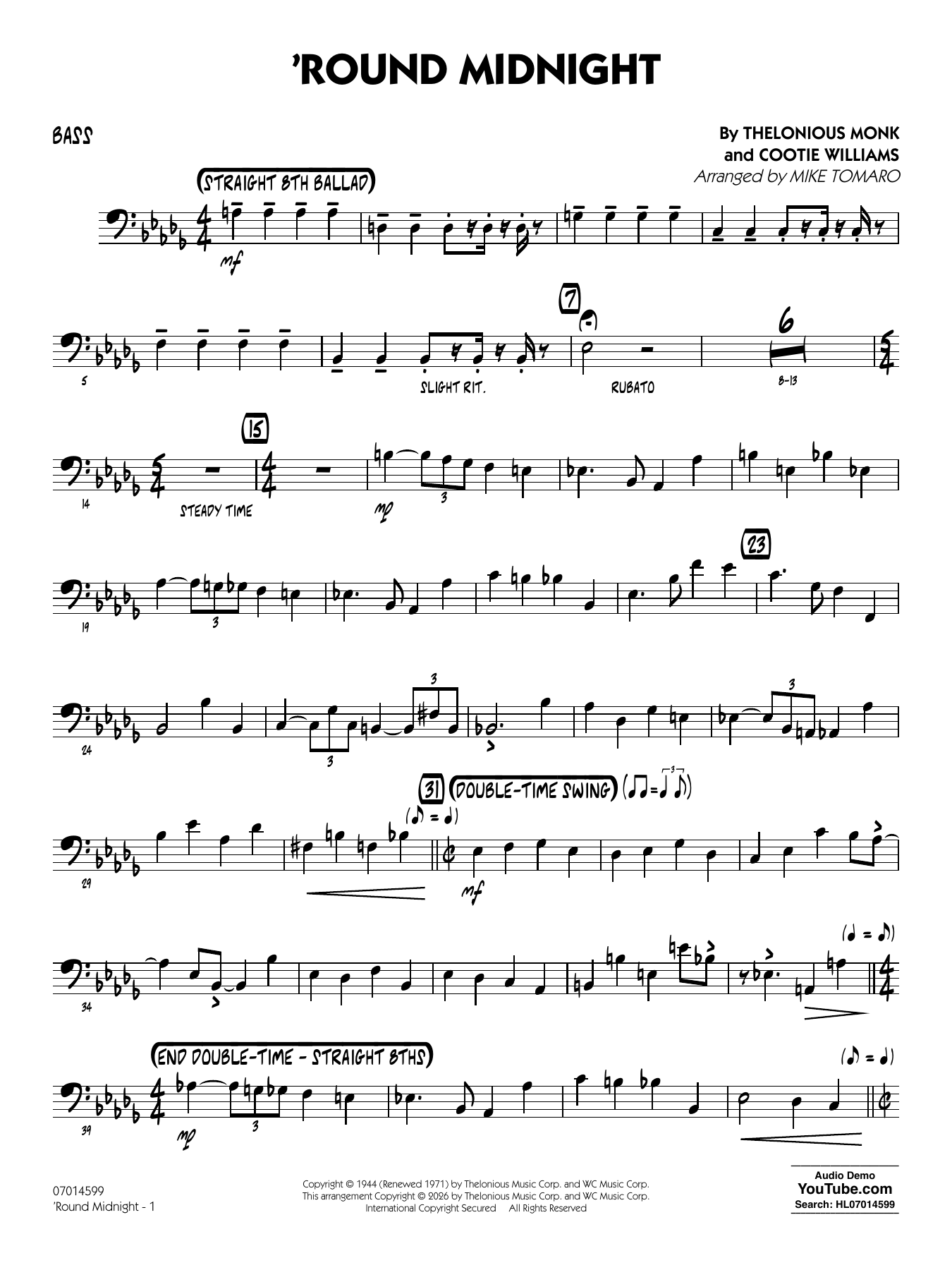 'Round Midnight (arr. Mike Tomaro) - Bass