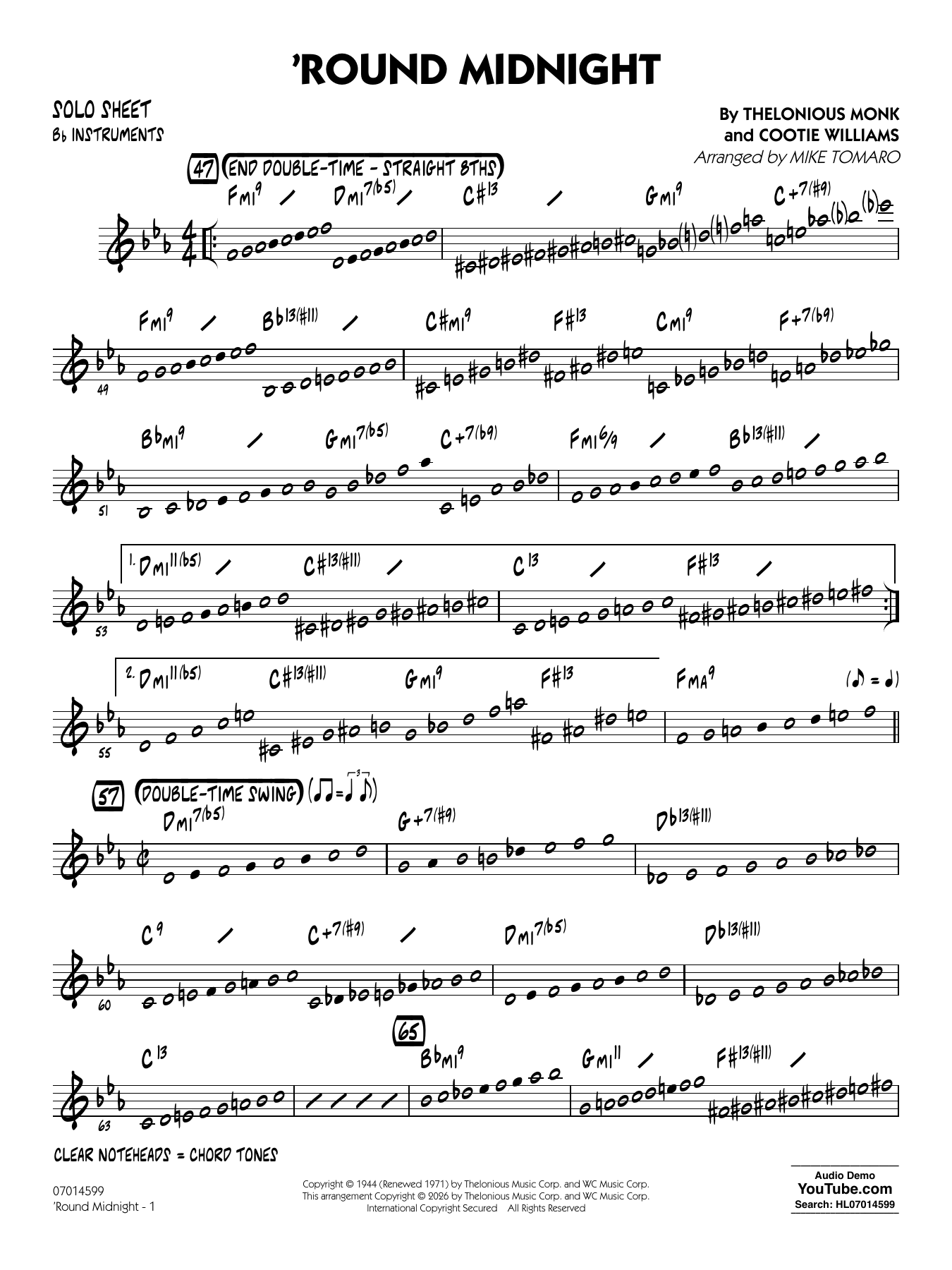 'Round Midnight (arr. Mike Tomaro) - Bb Solo Sheet