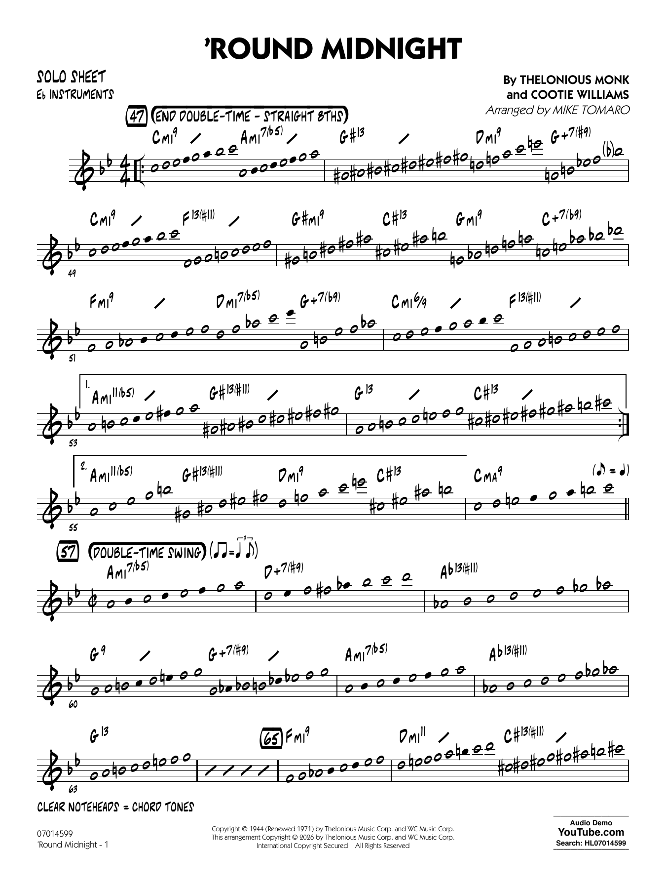 'Round Midnight (arr. Mike Tomaro) - Eb Solo Sheet