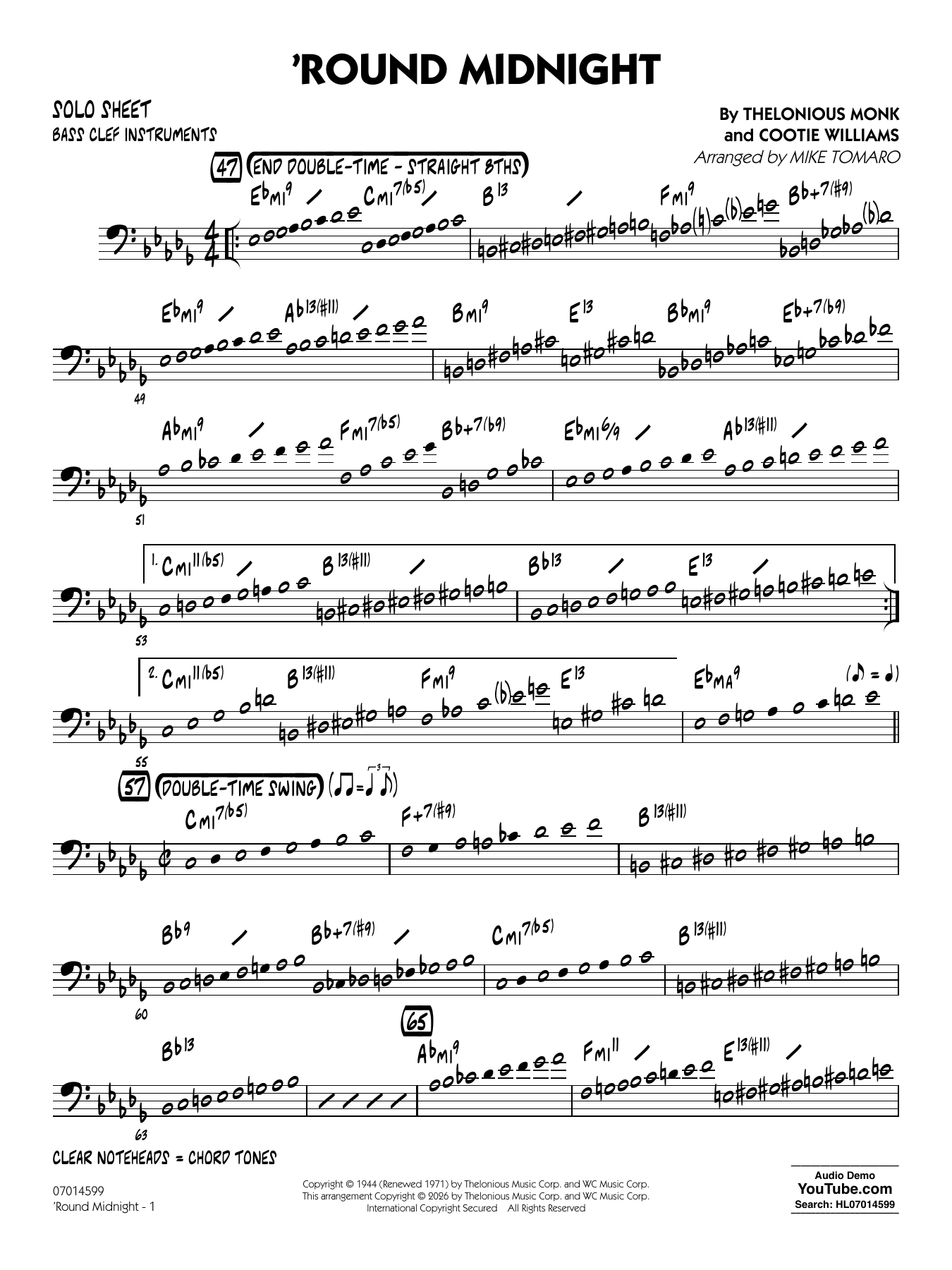 'Round Midnight (arr. Mike Tomaro) - Bass Clef Solo Sheet