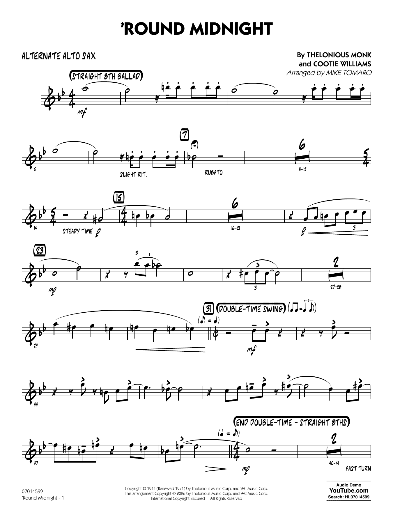 'Round Midnight (arr. Mike Tomaro) - Alternate Alto Sax