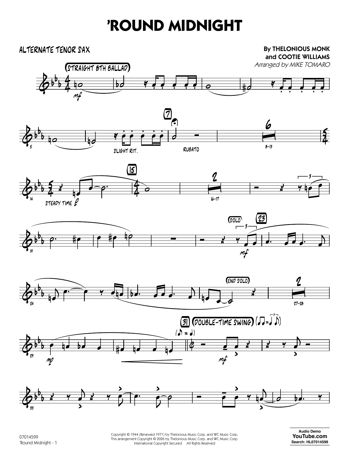 'Round Midnight (arr. Mike Tomaro) - Alternate Tenor Sax